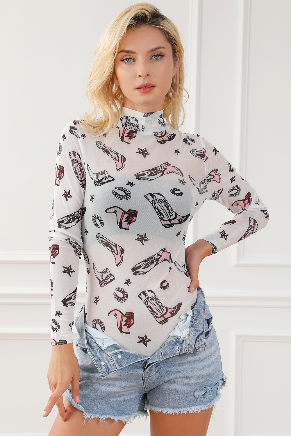 White Rodeo Bound Printed Long Sleeve Bodysuit - loveforevers