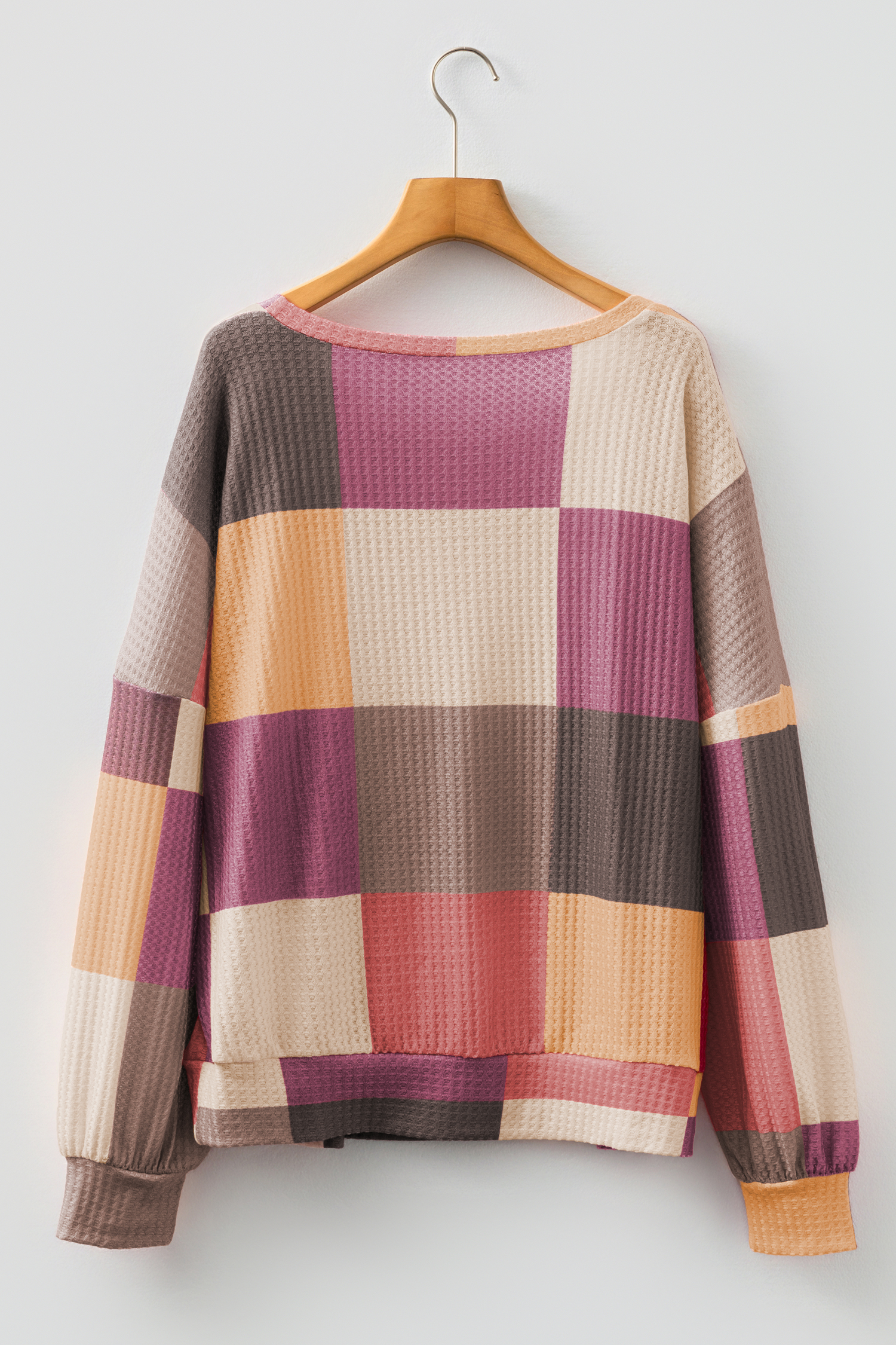 Green Checkered Print Textured Knit Long Sleeve Loose Top - loveforevers