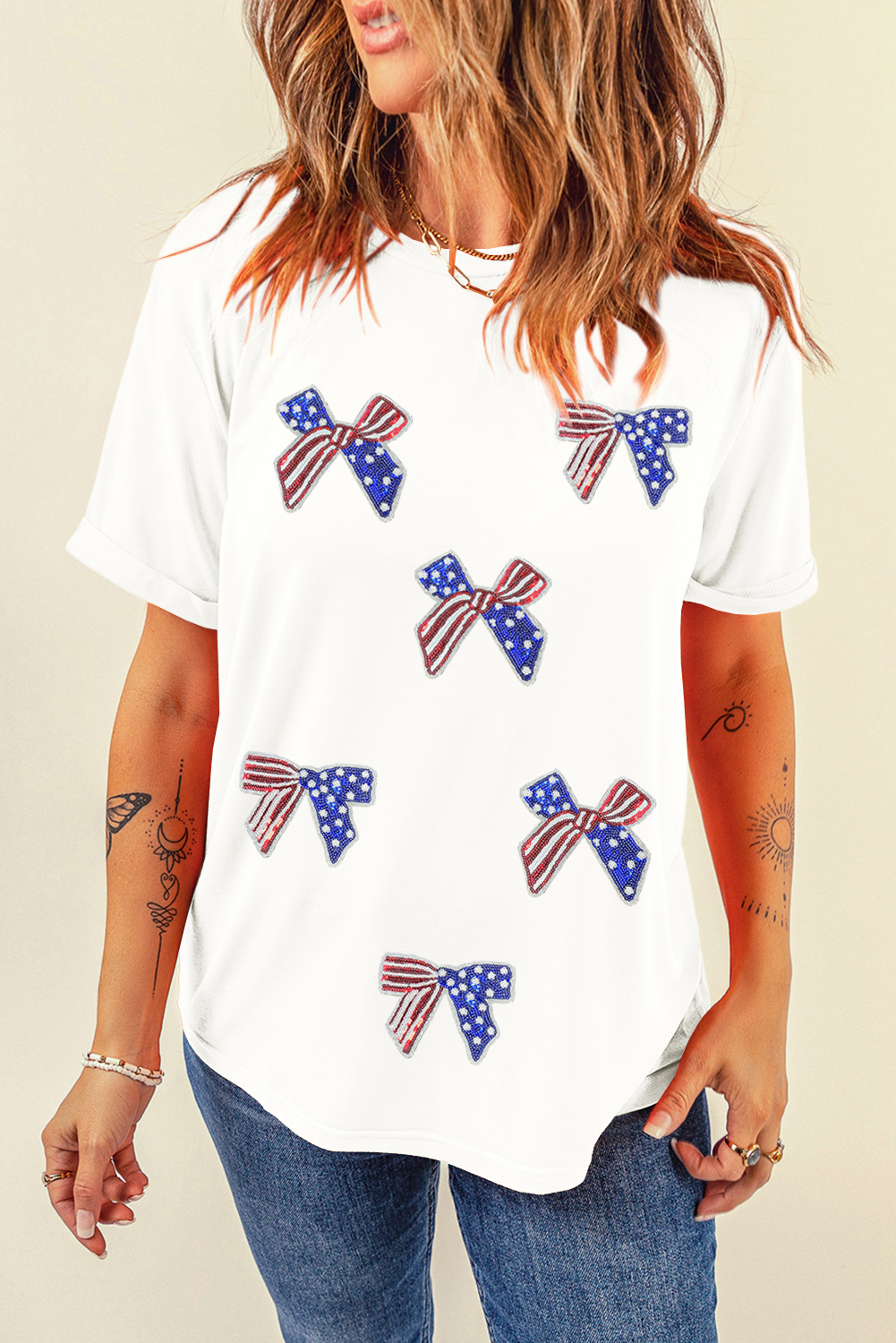White Sequin Flag Bow Pattern Crew Neck Patriotic Tee - loveforevers