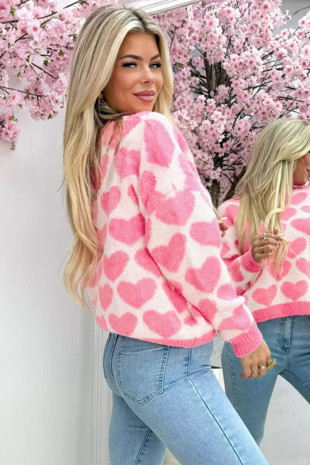 Strawberry Pink Valentine Heart Print Knit Sweater - loveforevers