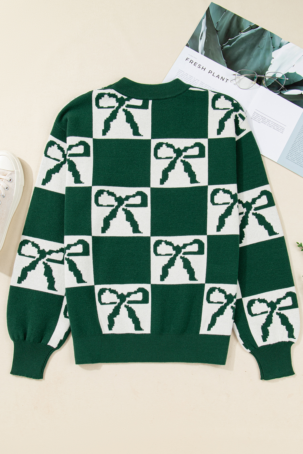 Blackish Green Checkered Bow Print Casual Sweater - loveforevers