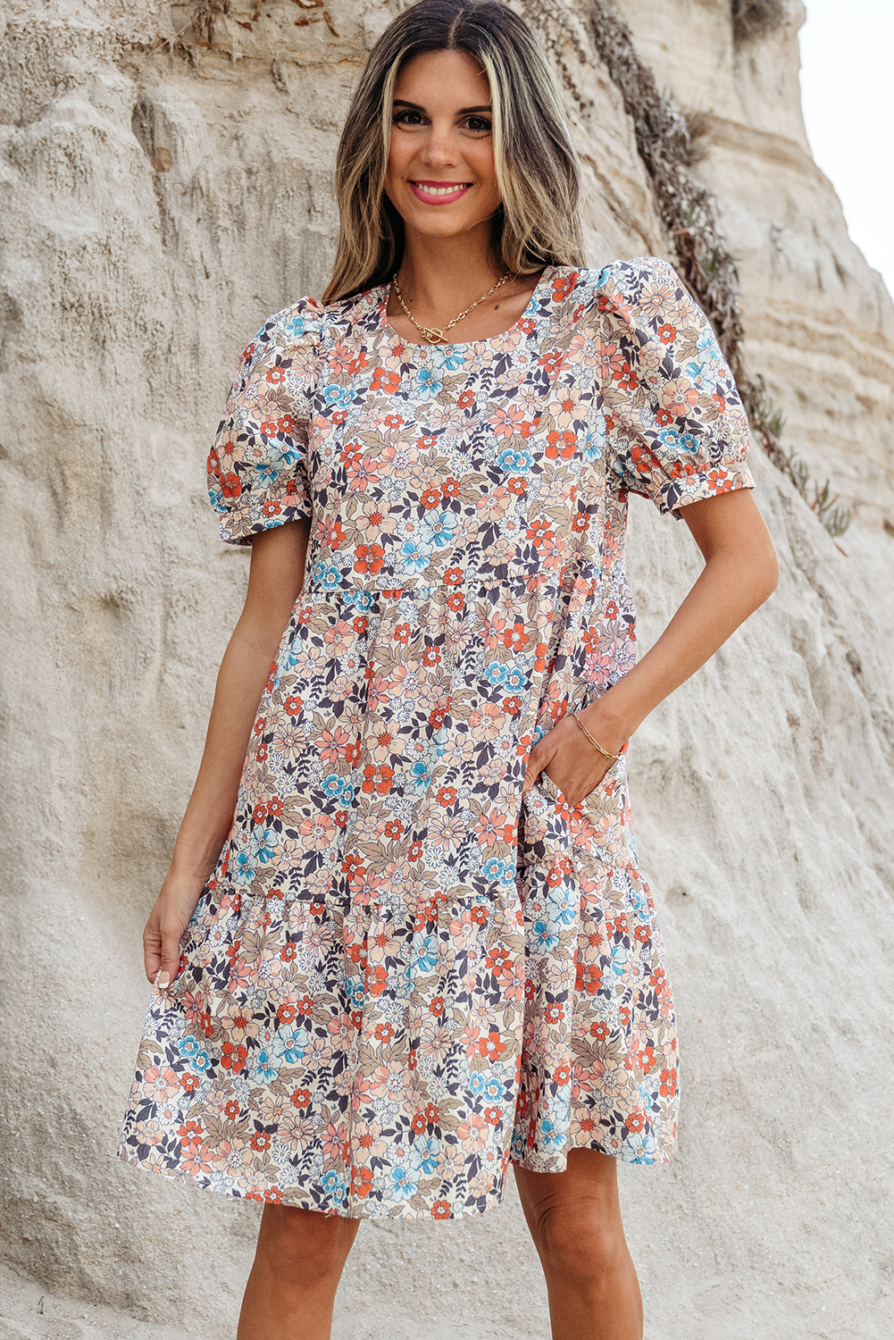 Apricot Bohemian Floral Print Short Puff Sleeve Mini Dress - loveforevers