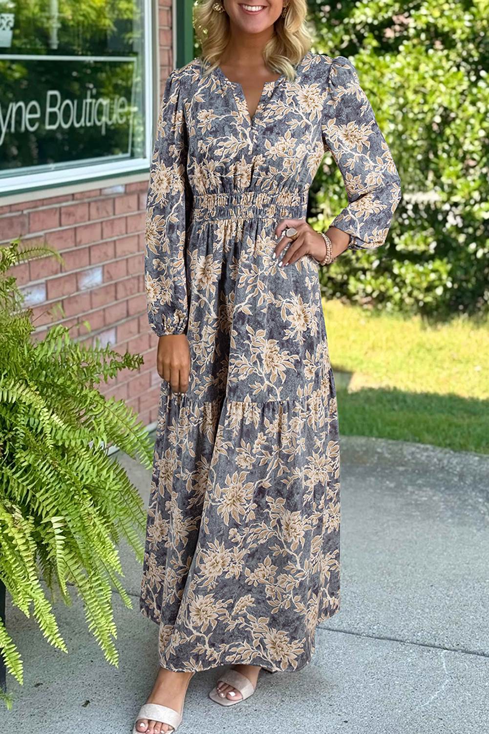 Sky Blue Floral Print Smocked High Waist Long Sleeve Maxi Dress - loveforevers