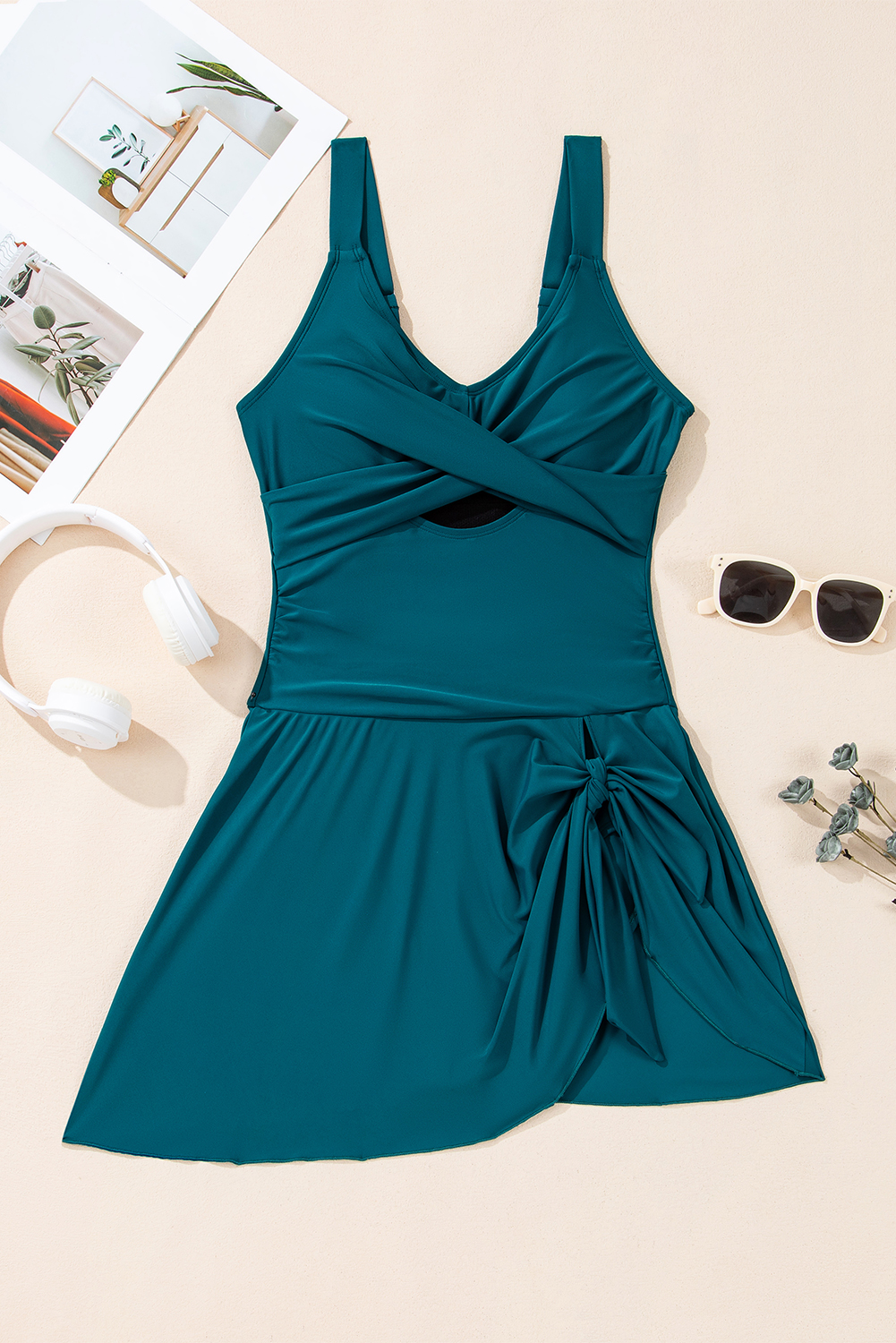 Sea Green Adjustable Straps Cutout Ruched Knot Slit One Piece Swim Dress - loveforevers