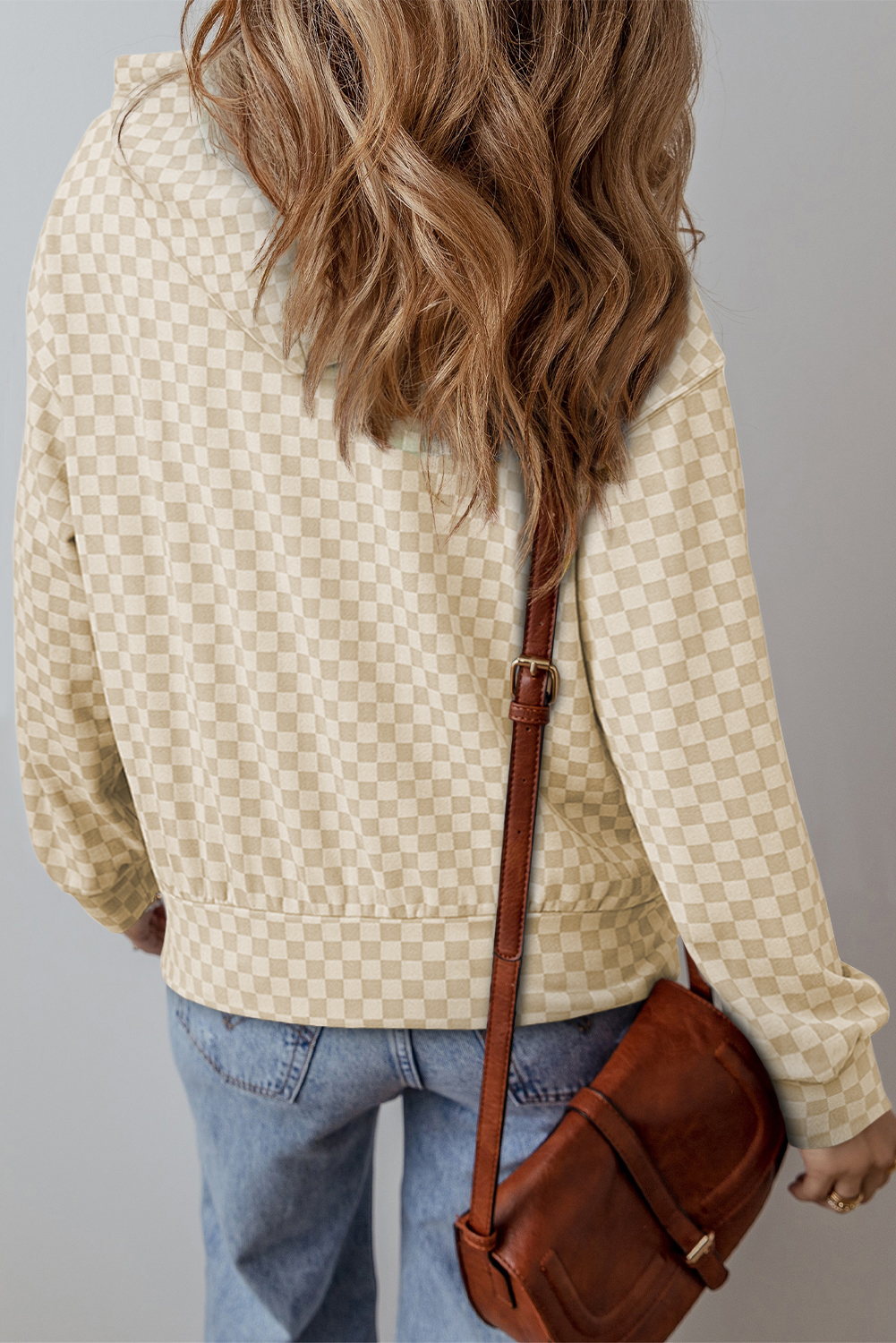 Khaki Checkered Print Kangaroo Pocket Drawstring Hoodie - loveforevers