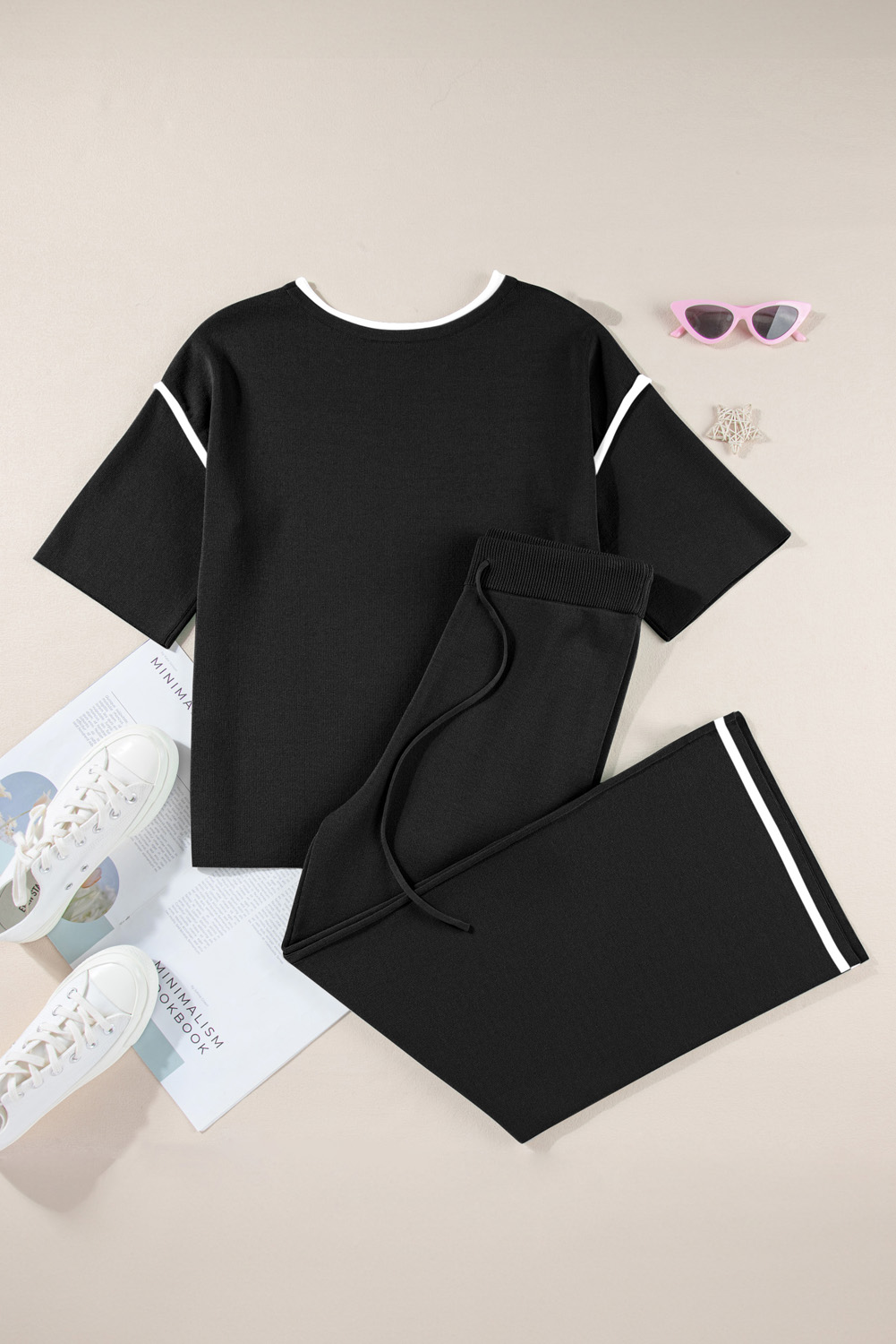 Blackish Green Contrast Trim Half Sleeve Top Drawstring Pants Loose 2pcs Sweater Suit - loveforevers