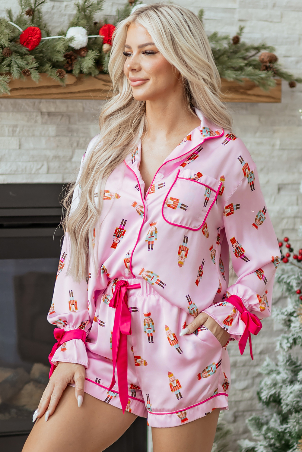 Pink Nutcracker Print Contrast Trim Tied up Bow Silky 2pcs Pajama Set - loveforevers