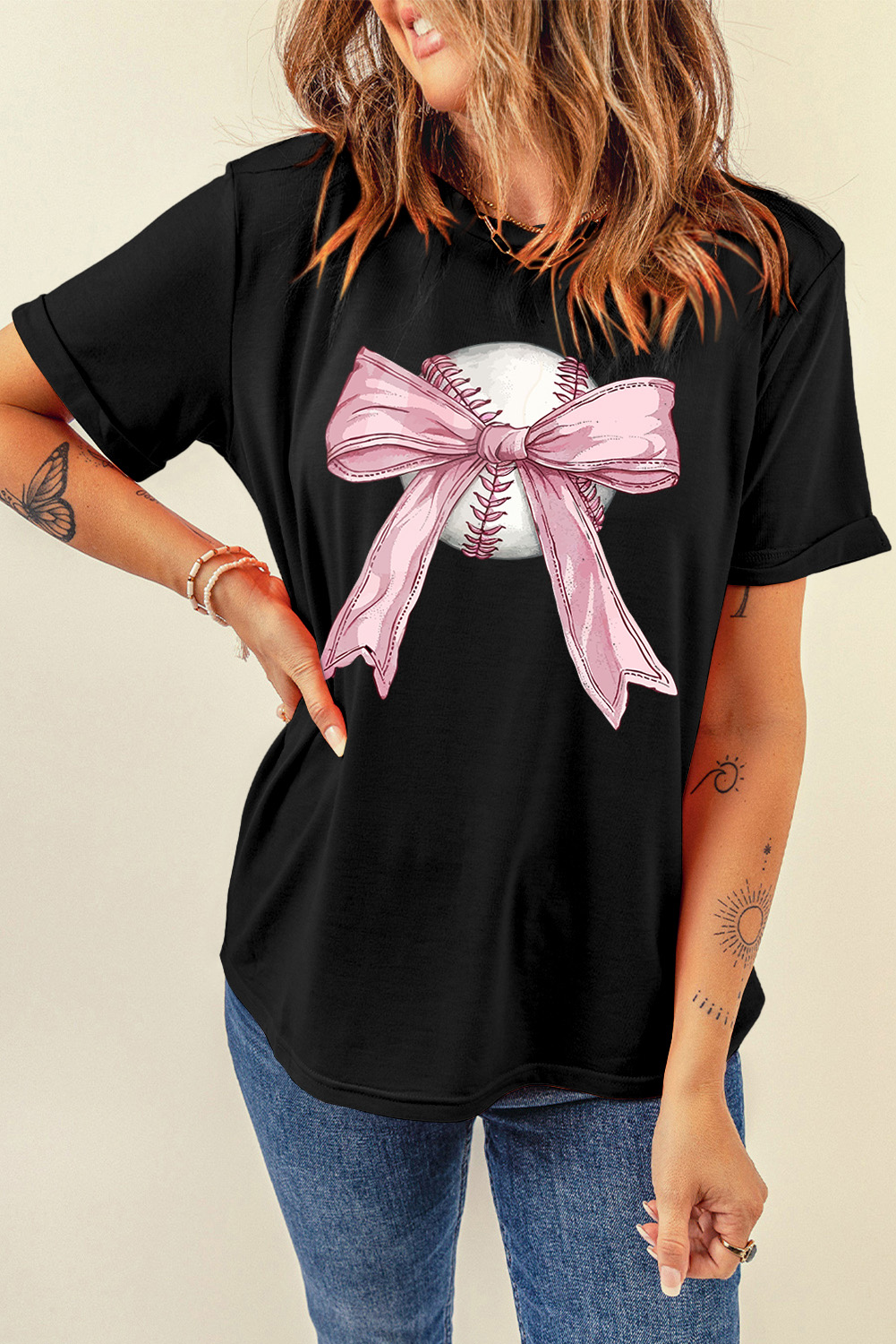 Black Baseball Bow Knot Print Round Neck T Shirt - loveforevers
