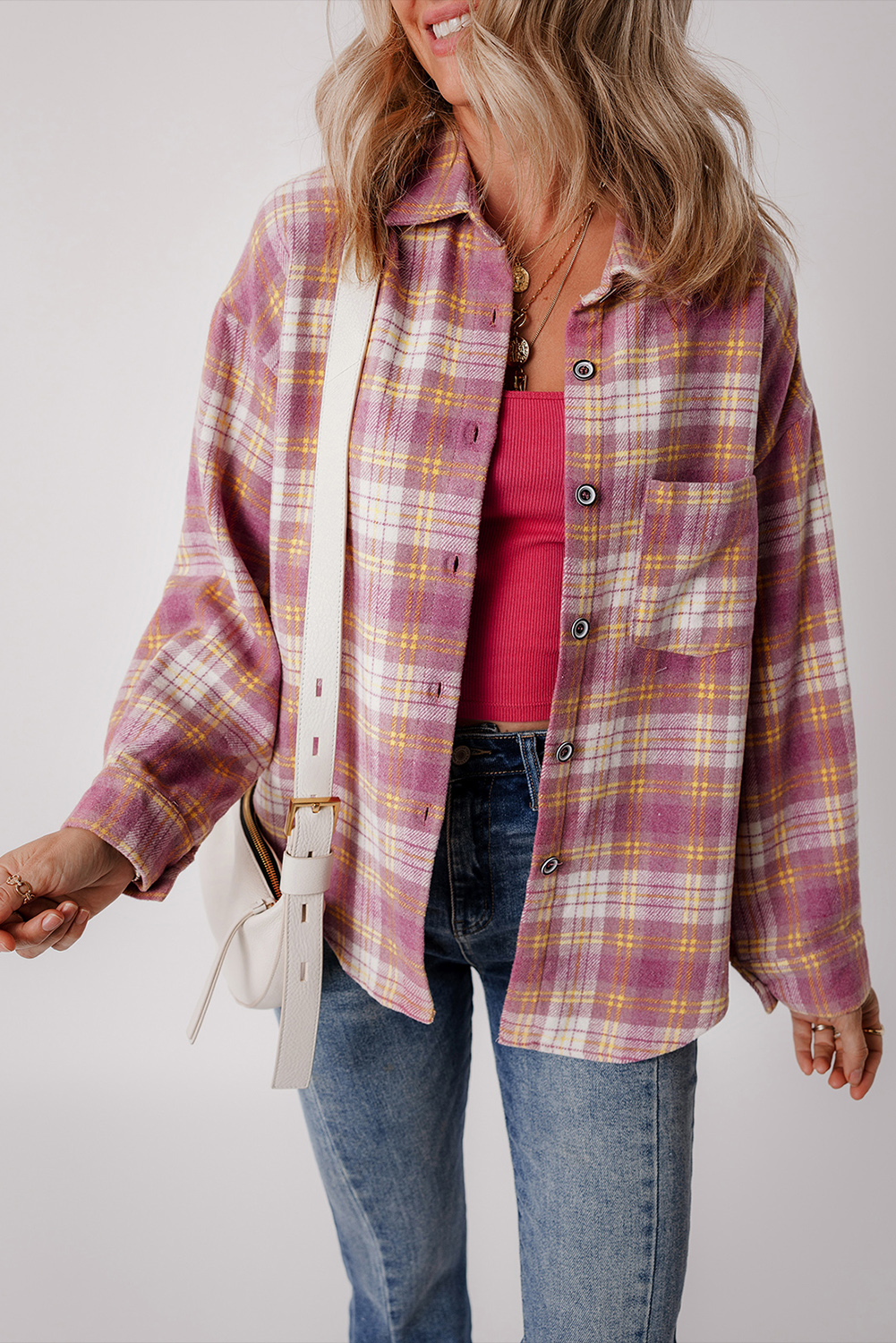 Pink Plaid Print Chest Pocket Long Sleeve Shacket - loveforevers