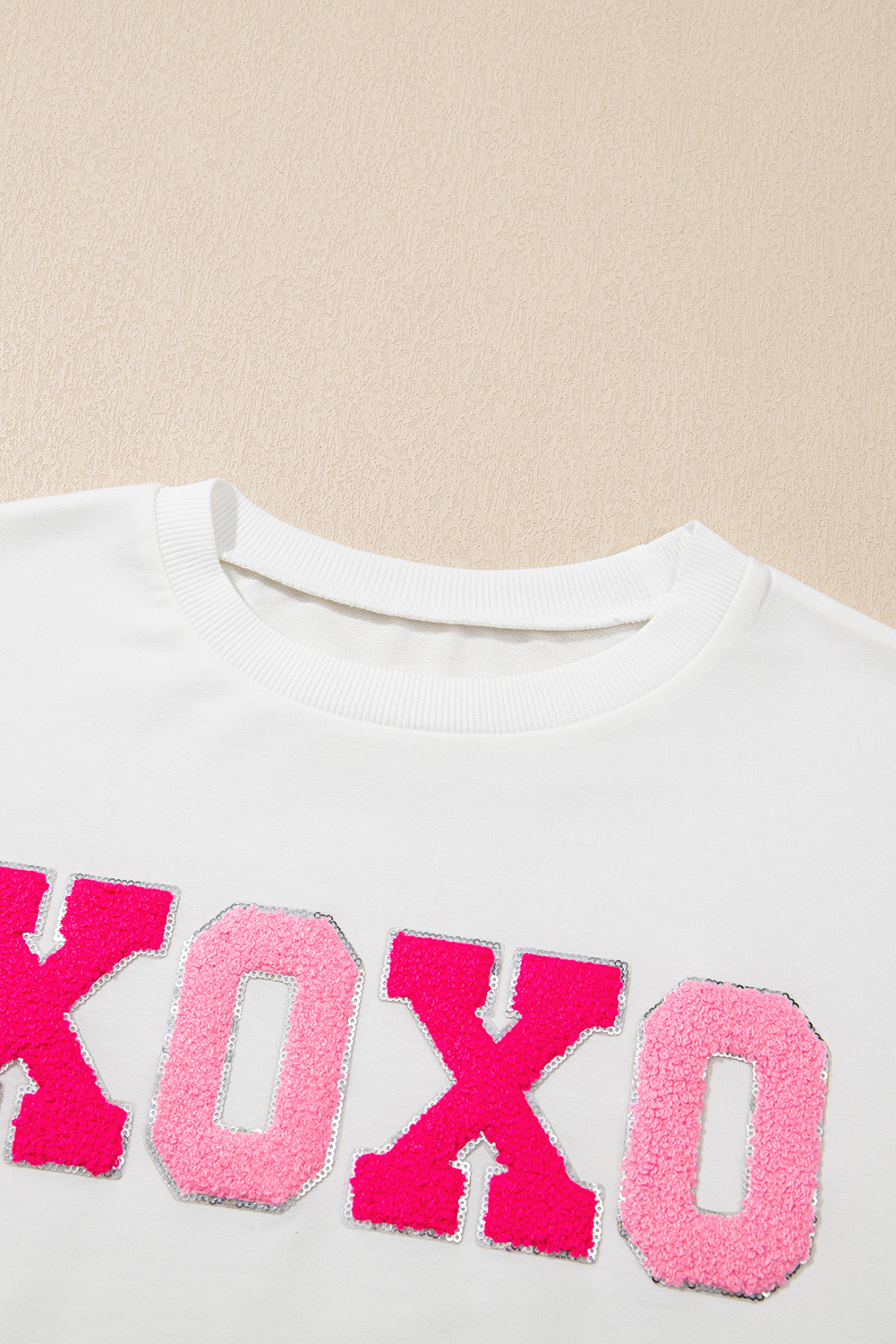 White XOXO Chenille Letter Graphic Valentine Pullover Sweatshirt - loveforevers