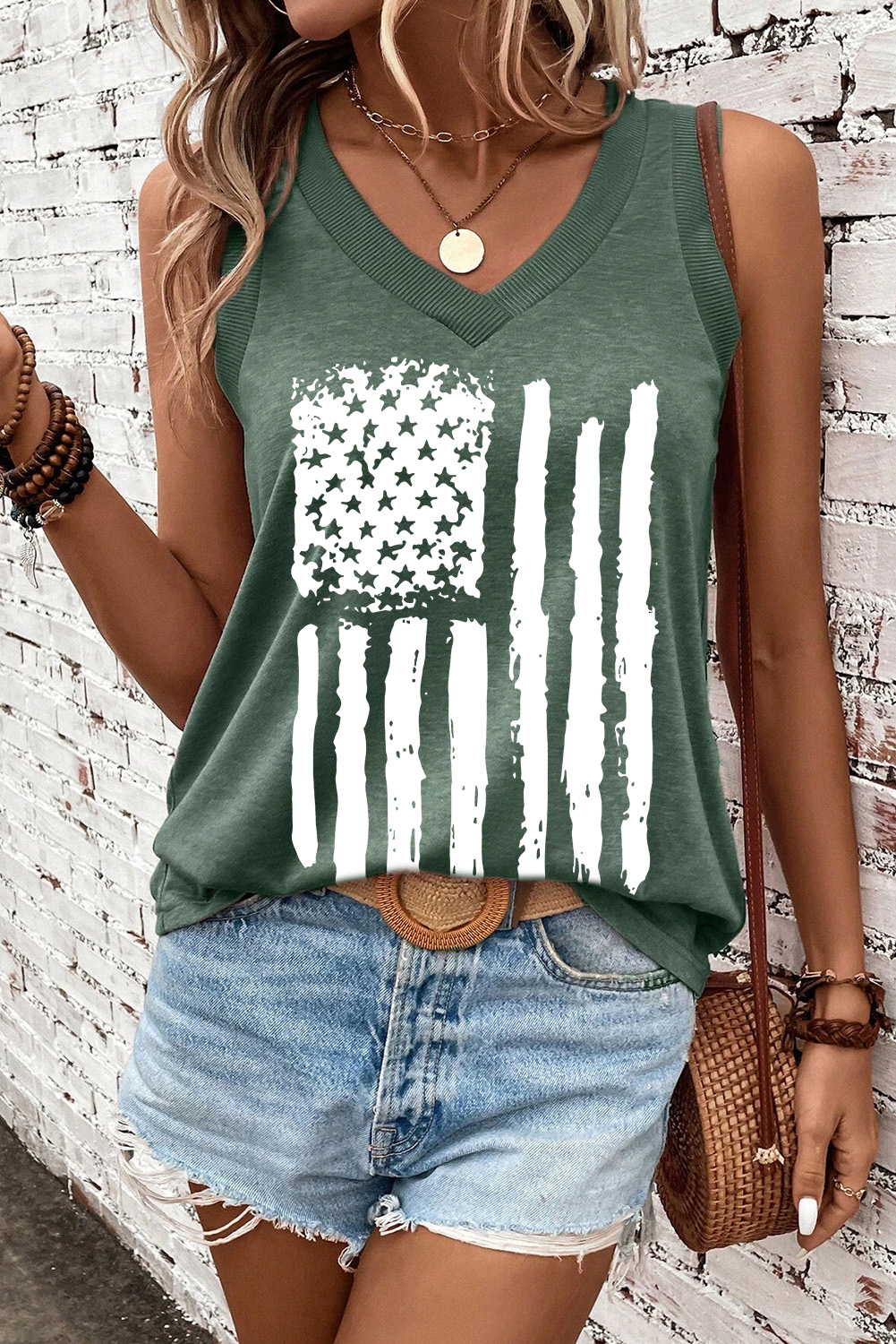 Mist Green Frayed American Flag Printed V Neck Tank Top - loveforevers