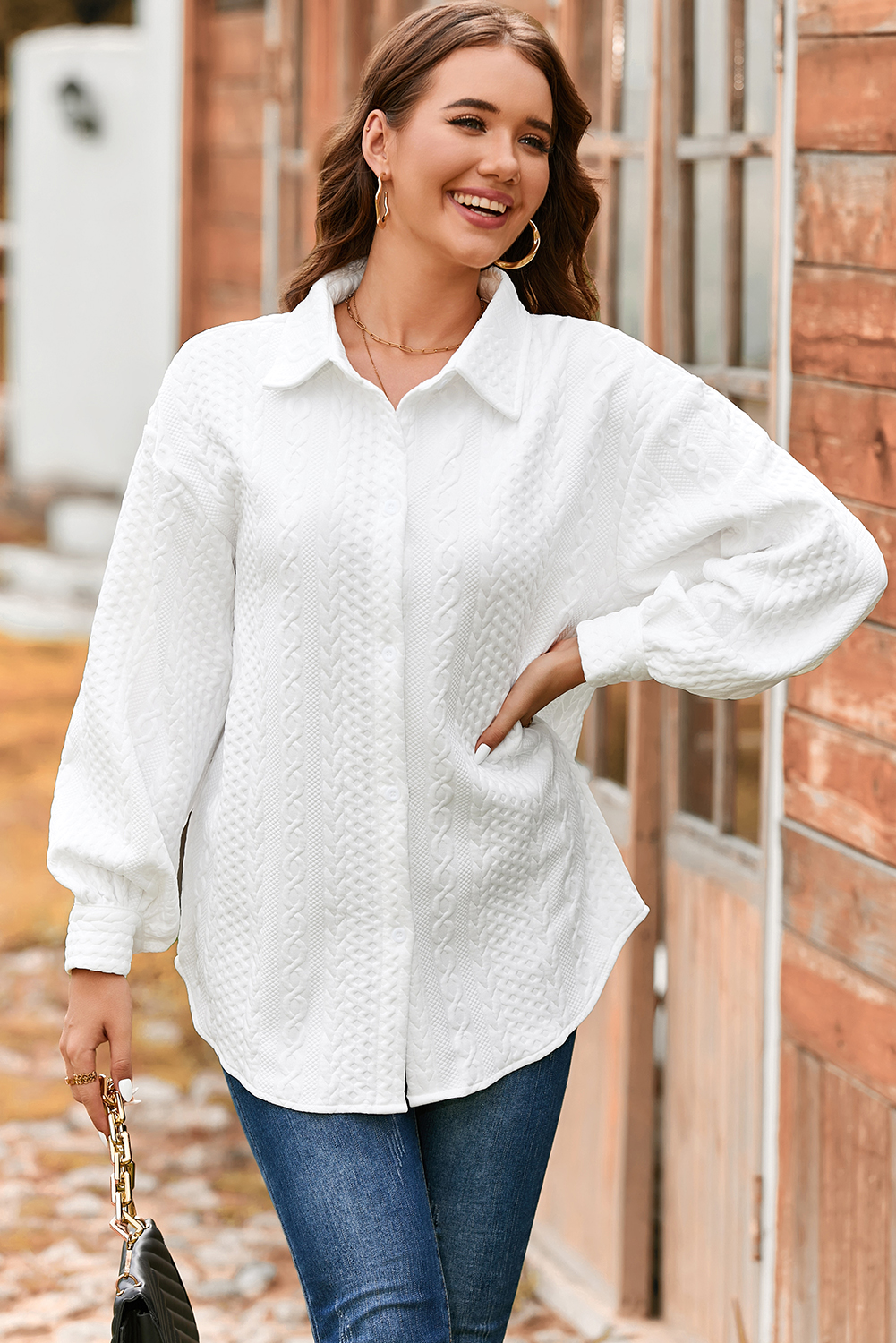 Sepia Rose Cable Texture Puff Sleeve Loose Shacket - loveforevers