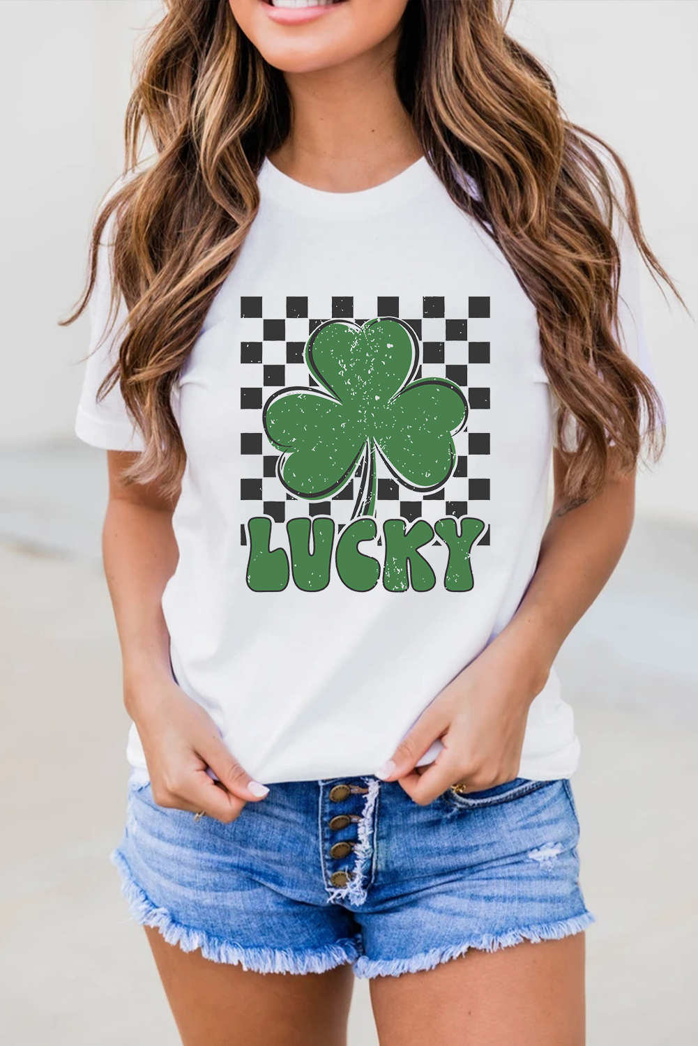 White Checker LUCKY Clover Printed St Patricks T Shirt - loveforevers