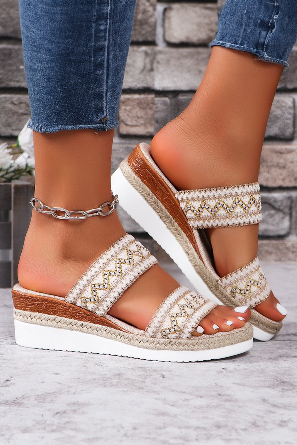 Beige Crochet Dual Band Wedge Slippers - loveforevers