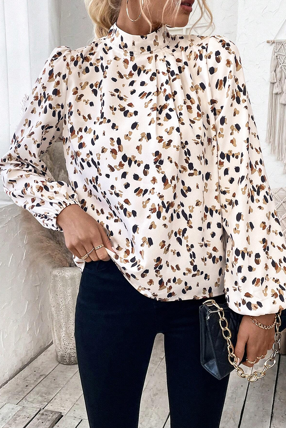 White Leopard Print Lantern Sleeve Mock Neck Pleated Blouse - loveforevers
