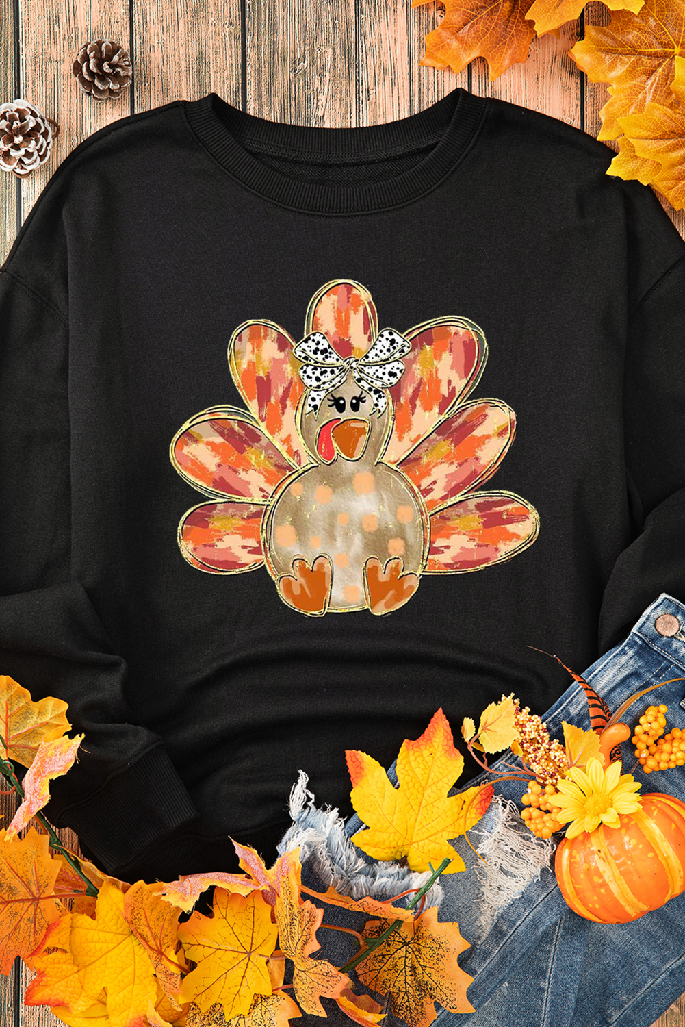 Black Thanksgiving Turkey Graphic Drop Shoulder Sweatshirt - loveforevers