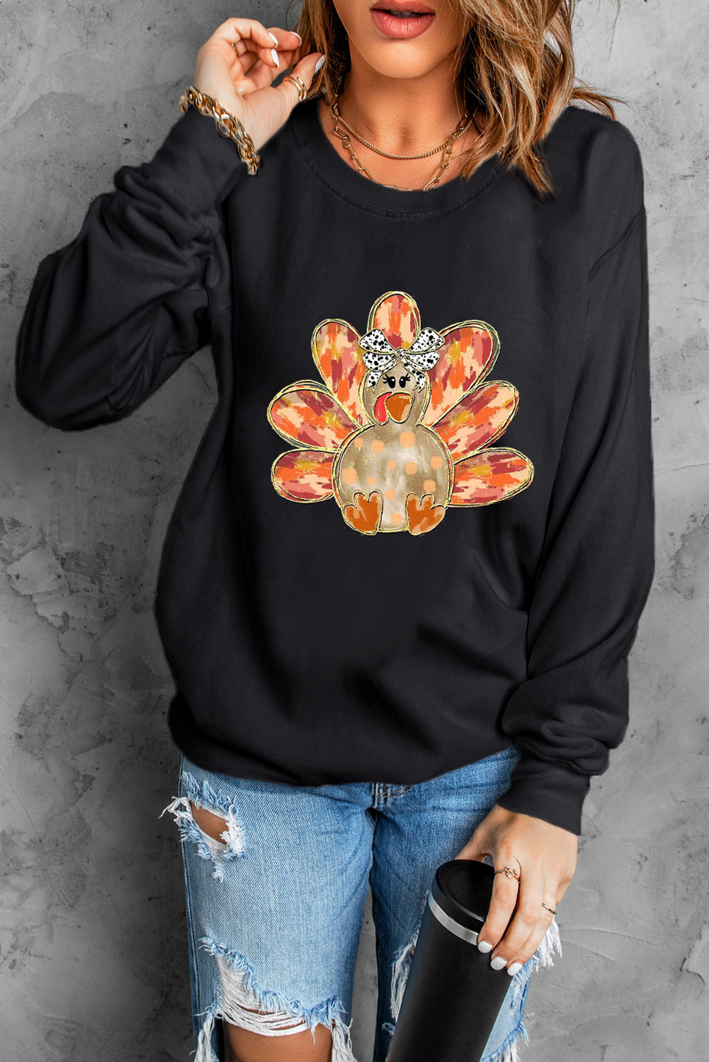 Black Thanksgiving Turkey Graphic Drop Shoulder Sweatshirt - loveforevers