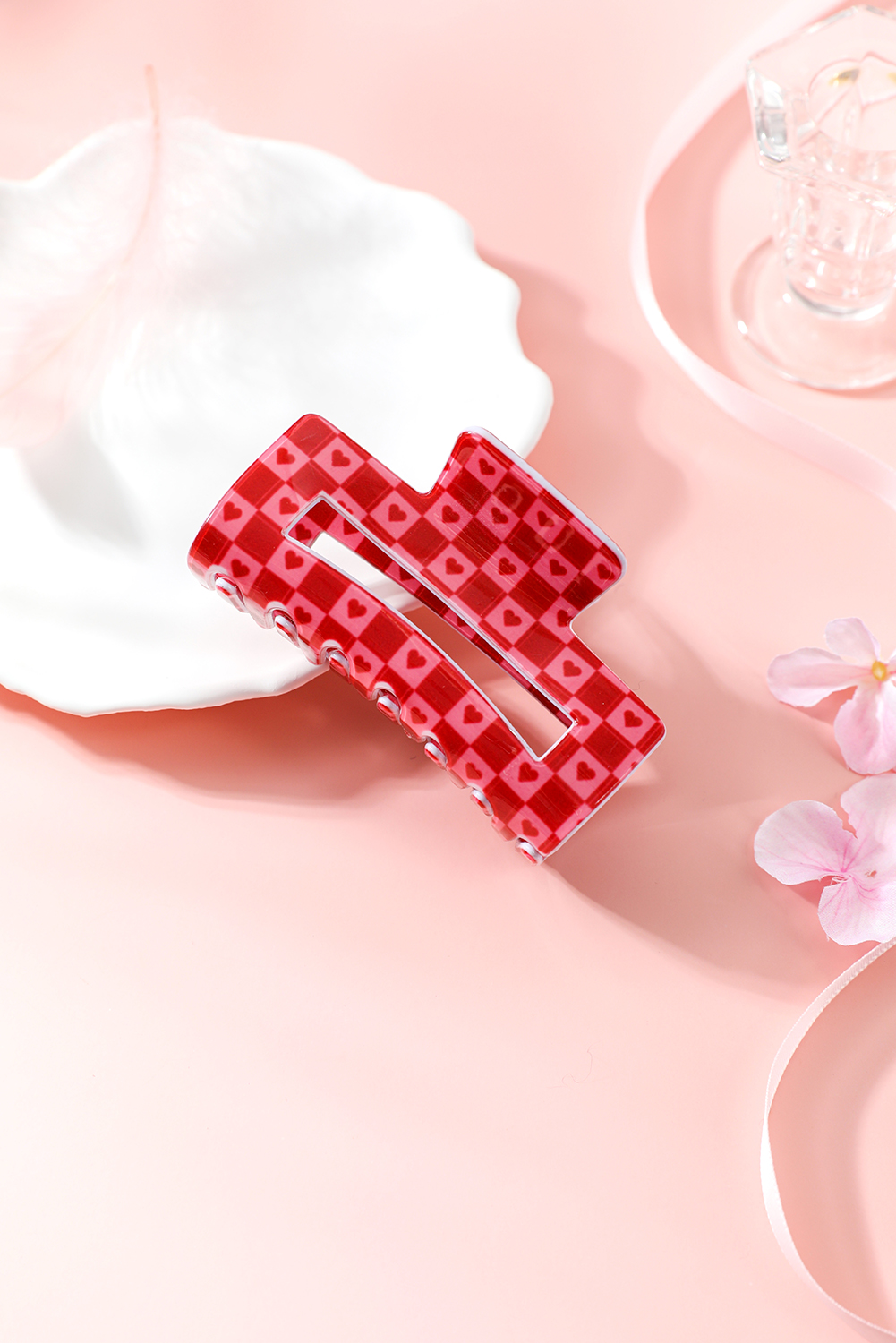 Racing Red Heart Checkered Print Cut Out Hair Claw Clip - loveforevers