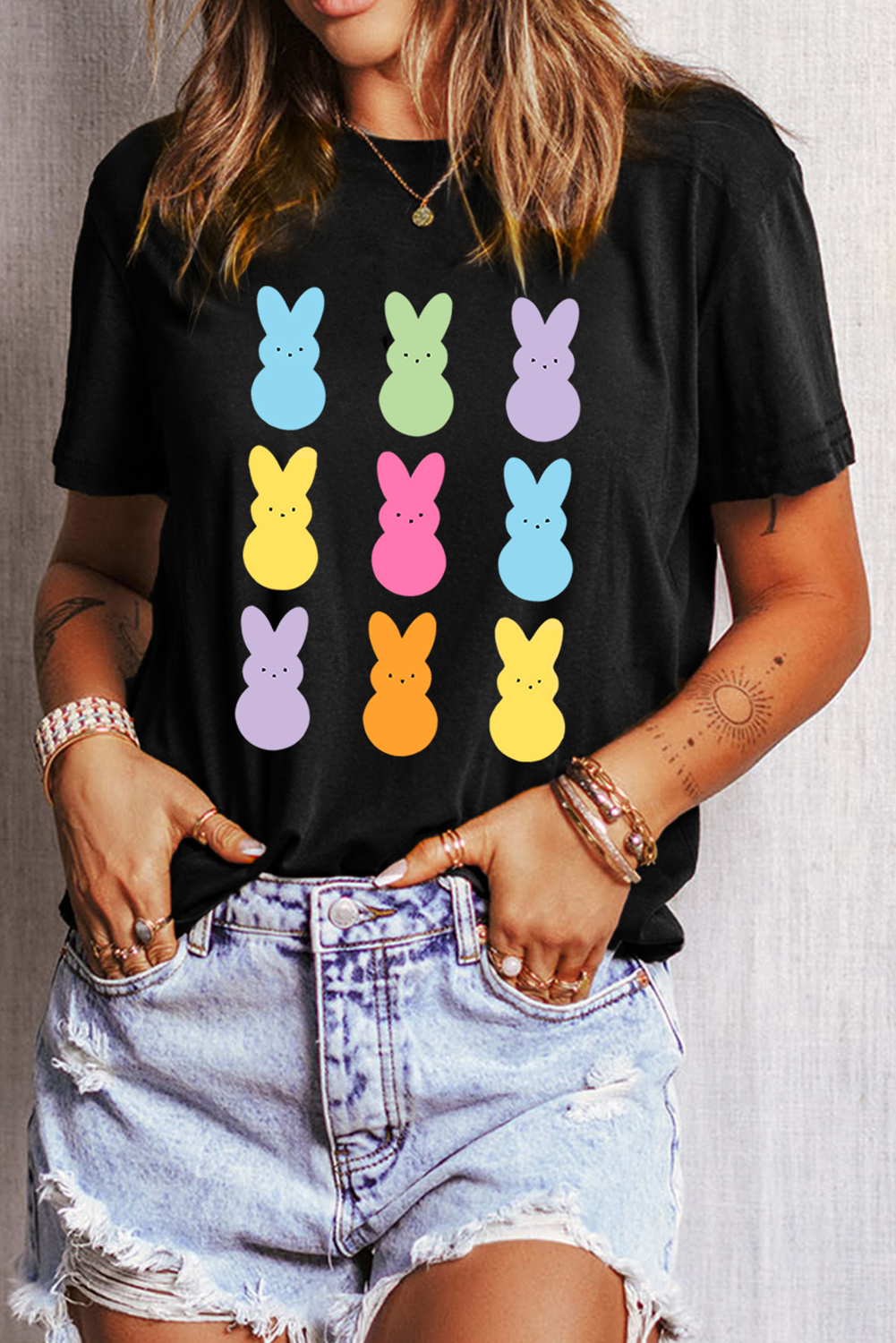 Black Easter Rabbit Print Crew Neck T Shirt - loveforevers