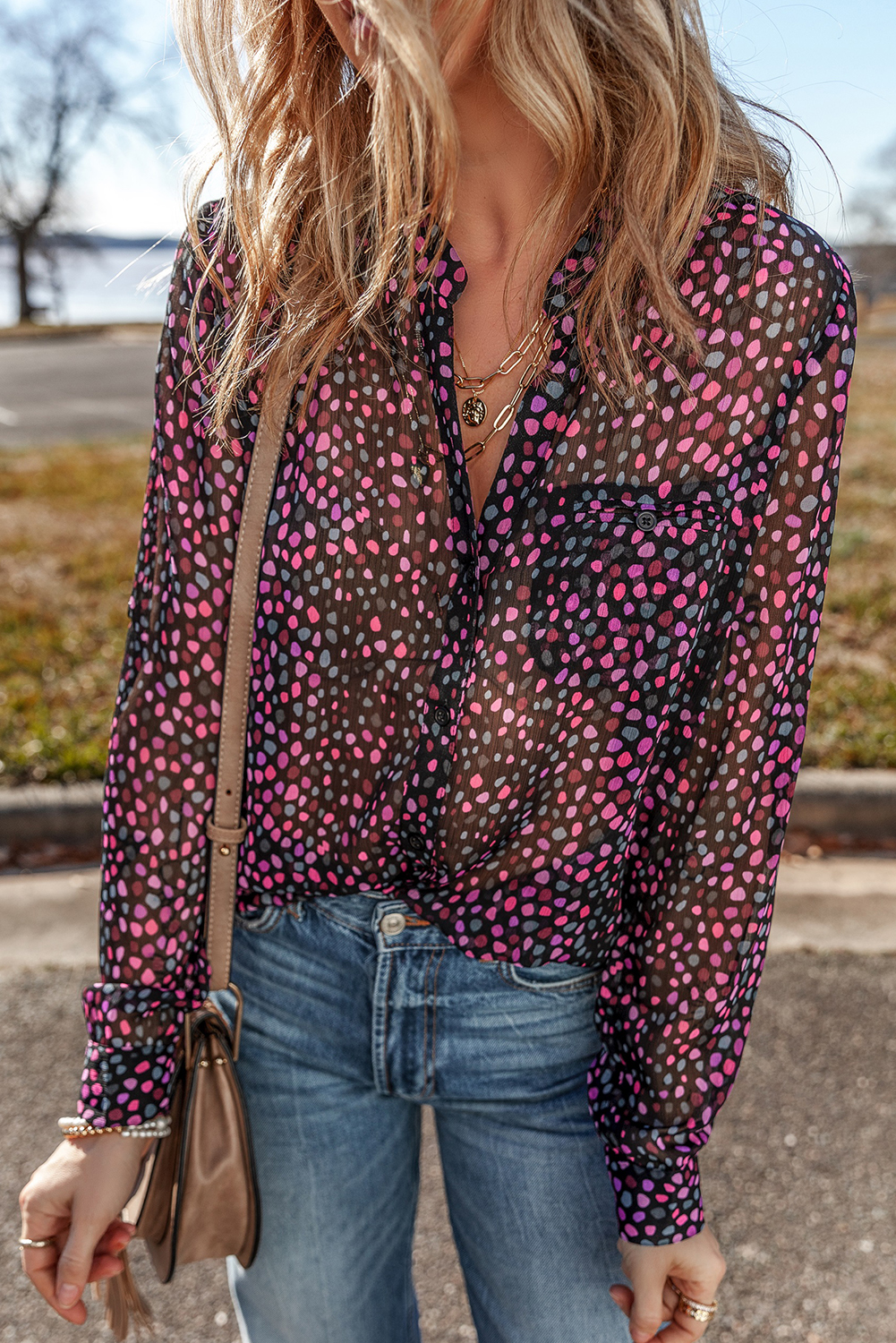 Grape Wine Polka Dot Printed Buttoned Casual Shirt - loveforevers