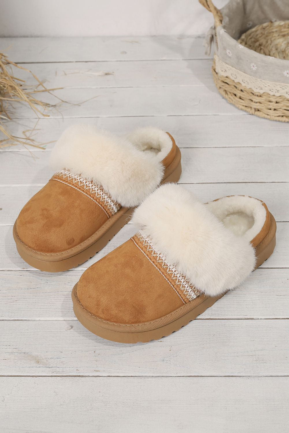 White Faux Suede Plush Trim Ethnic Mule Slippers - loveforevers