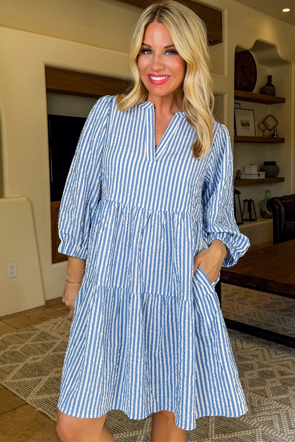 Sky Blue Stripe Bracelet Sleeve Tiered Shift Dress with Pockets - loveforevers