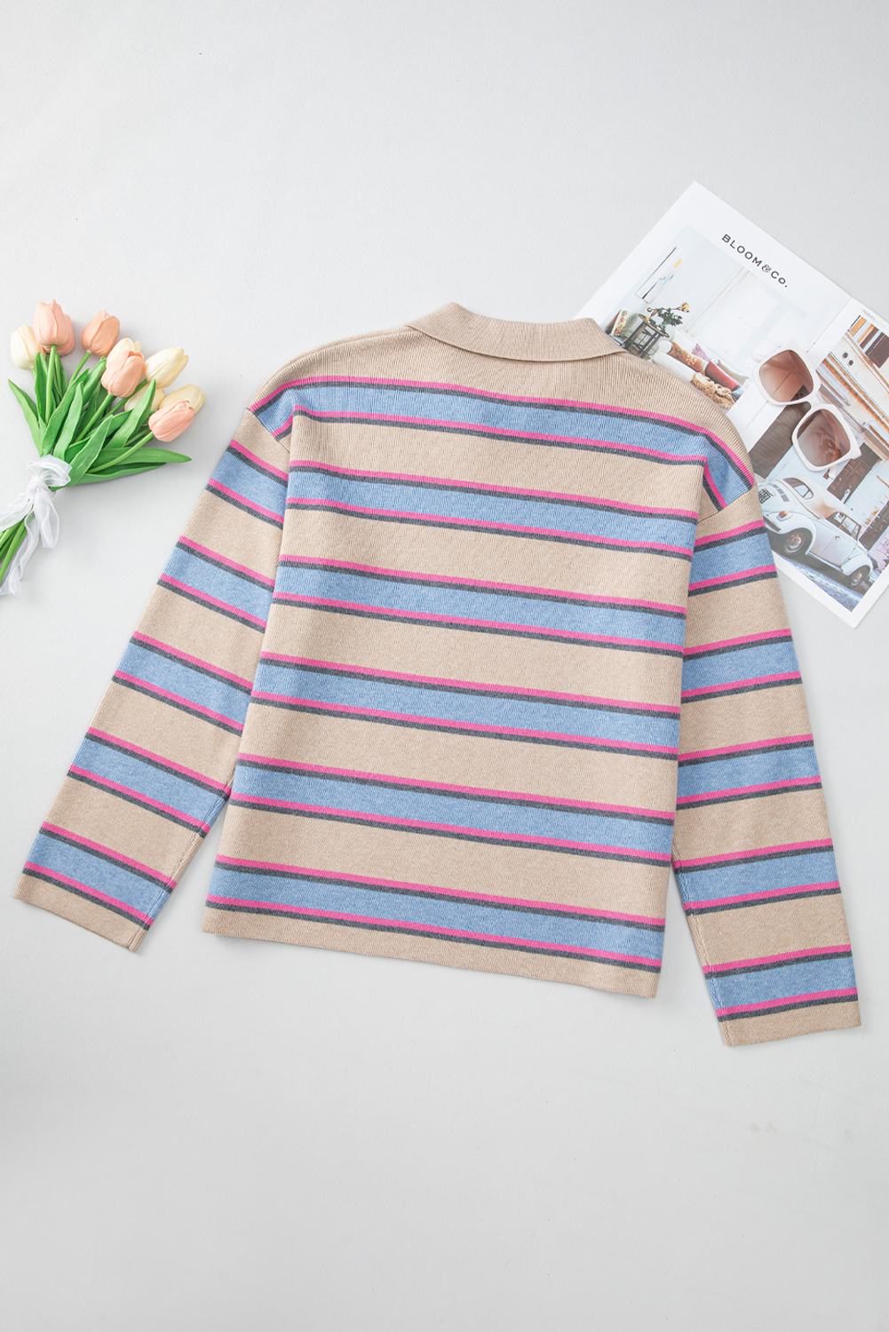 Apricot Stripe Collared V Neck Drop Shoulder Loose Sweater - loveforevers