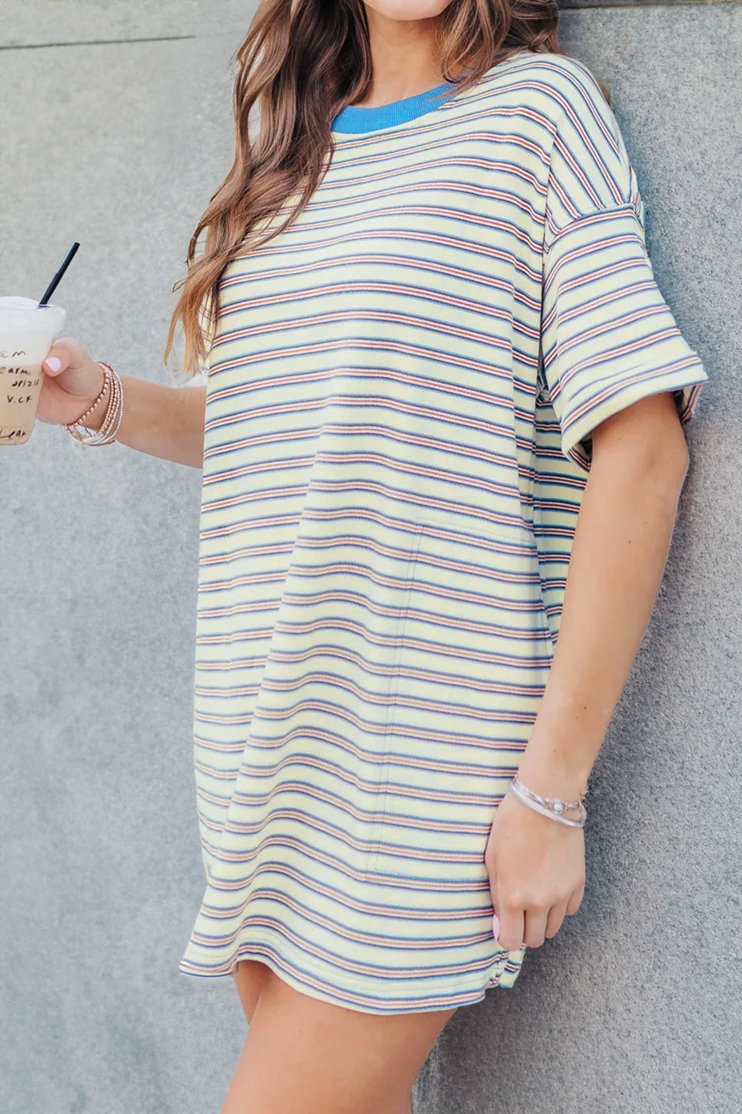 White Stripe Drop Shoulder Cuffed Sleeve Loose Tunic T Shirt Mini Dress - loveforevers