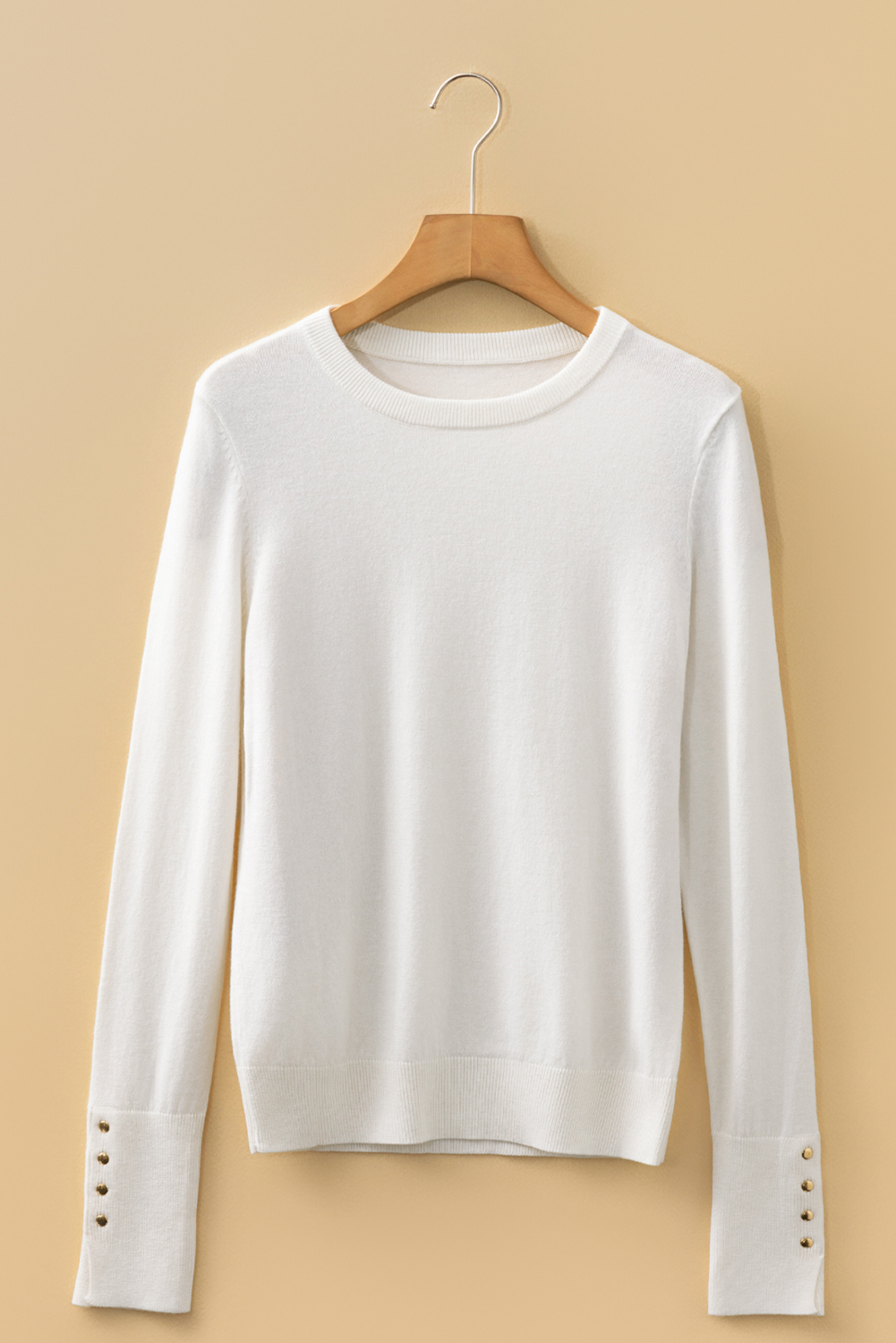 White Button Split Cuffs Round Neck Slim Sweater - loveforevers