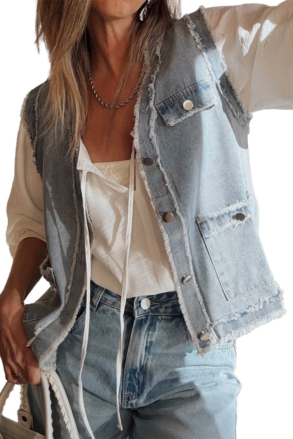 Beau Blue Frayed Edge Flap Pockets Denim Vest Jacket - loveforevers
