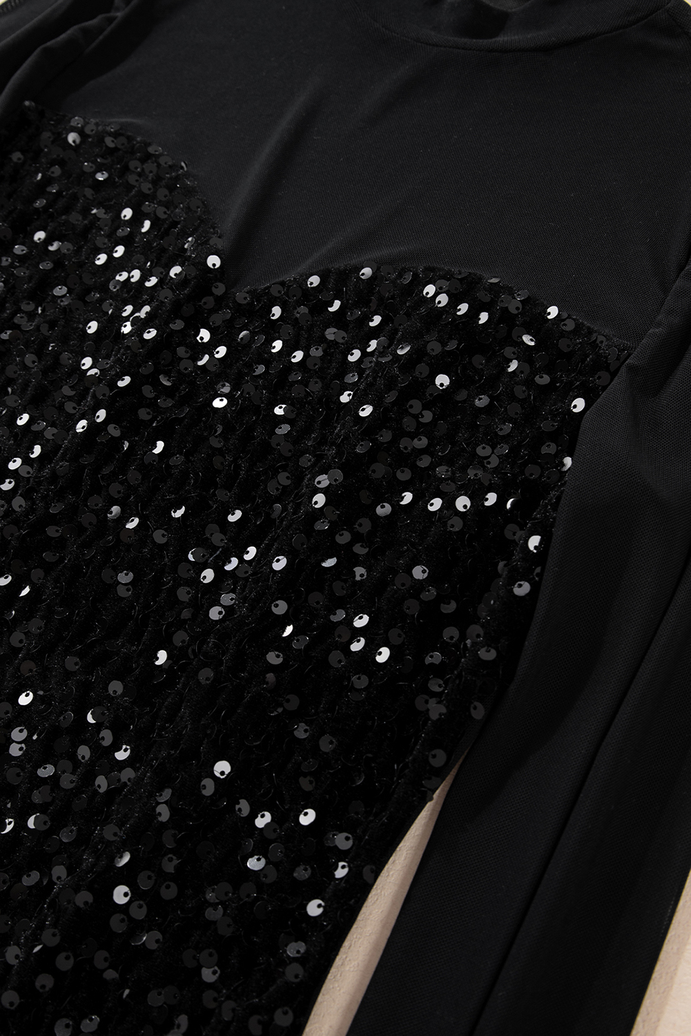 Black Sequin Velvet Sheer Mesh Mock Neck Blouse - loveforevers