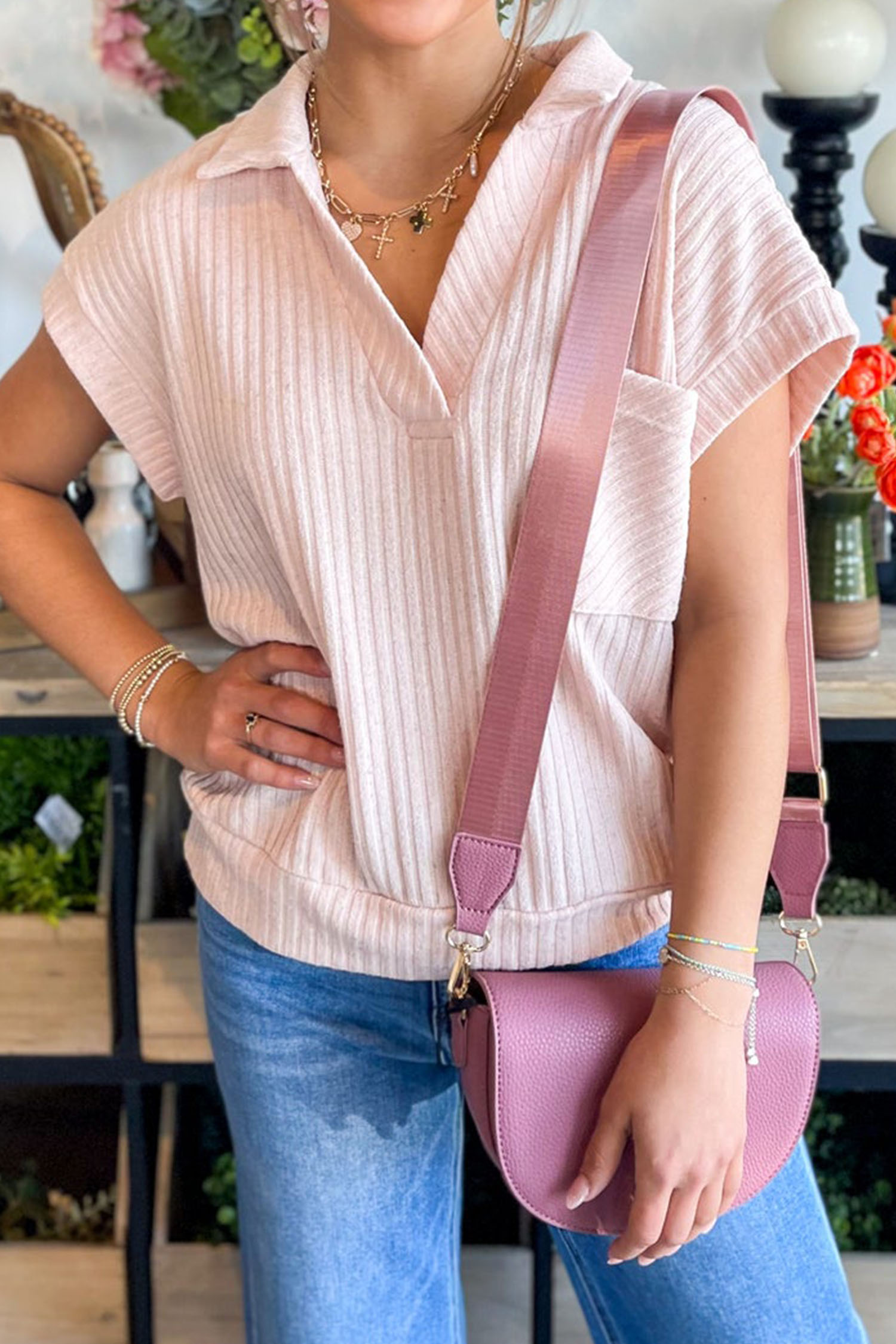 Light Pink Collared V Neck Ribbed Tee - loveforevers