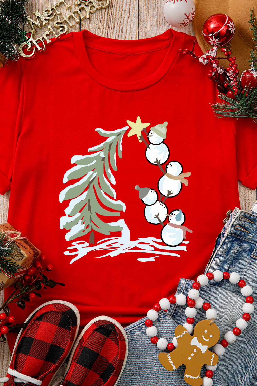 Red Christmas Tree Snowman Printed Crewneck T Shirt - loveforevers