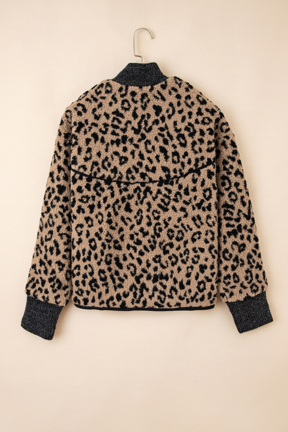 Khaki Leopard Print Zip Up Stand Neck Side Pocket Jacket - loveforevers
