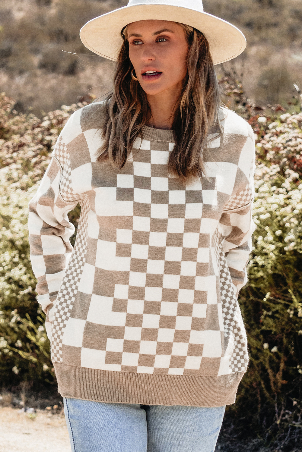 Khaki Checkered Print Drop Shoulder Round Neck Sweater - loveforevers