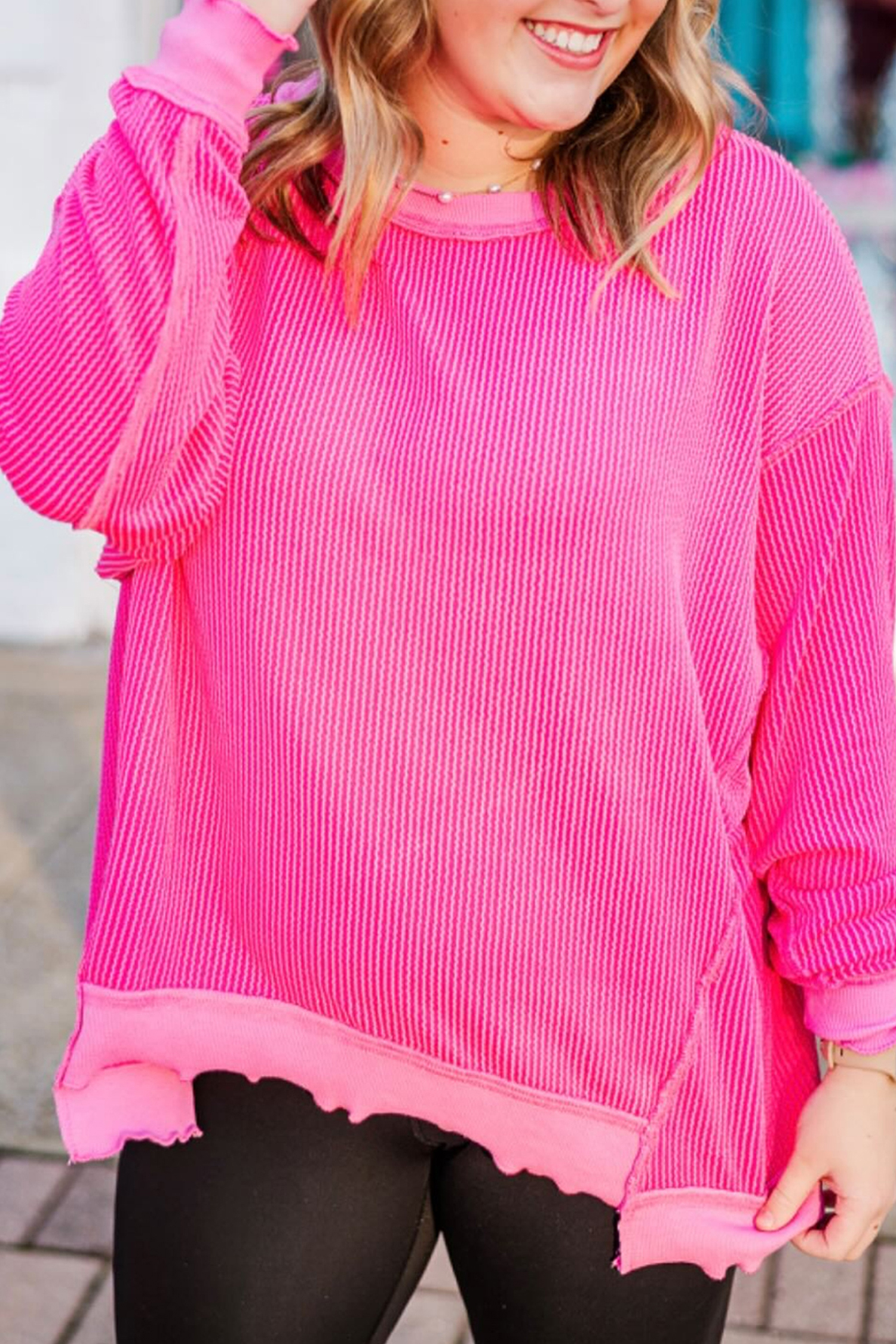 Rose Red Drop Shoulder Uneven Hem Plus Size Twisted Rib Top - loveforevers
