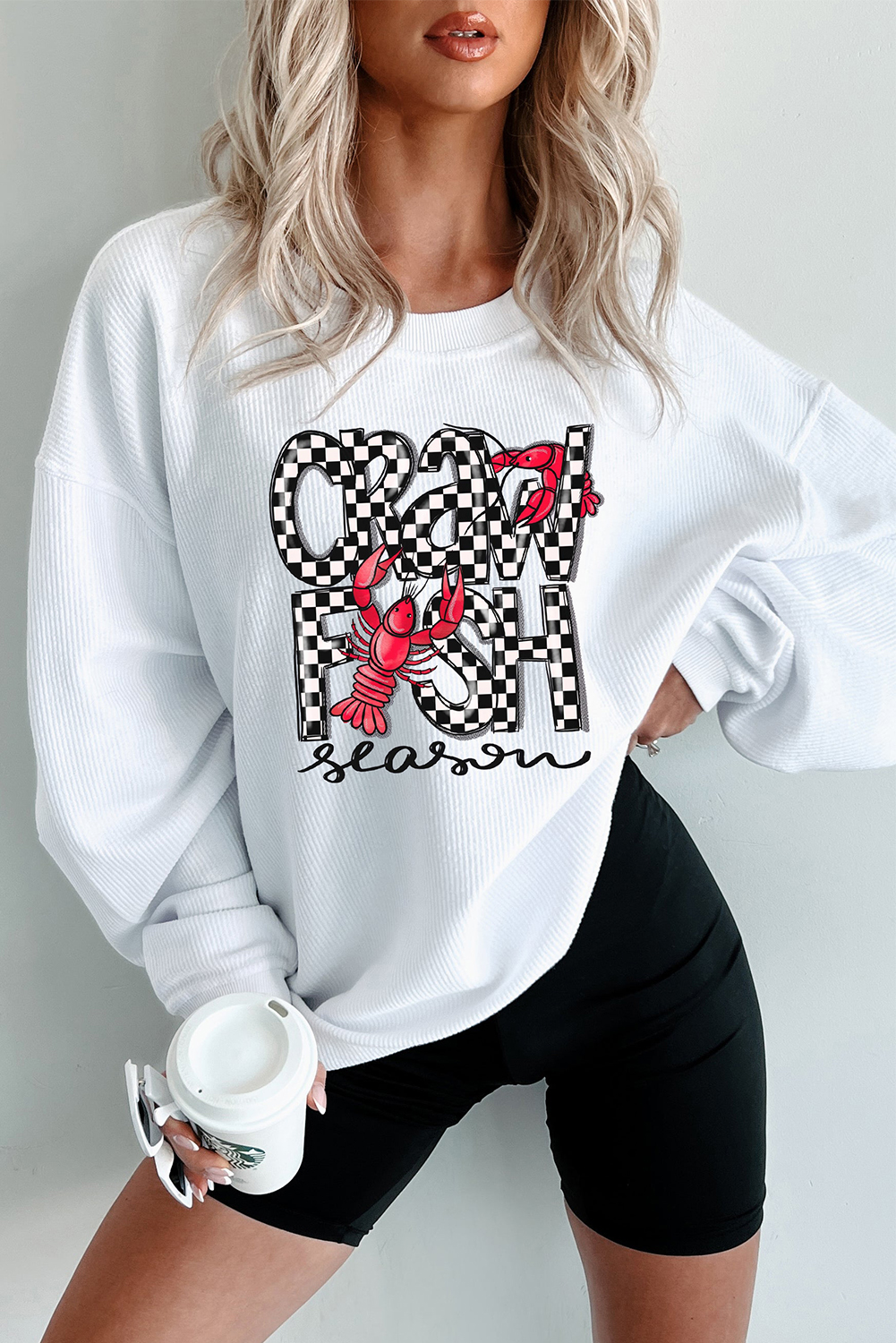 White Crawfish Season Checkered Letter Graphic Corded Sweatshirt - loveforevers