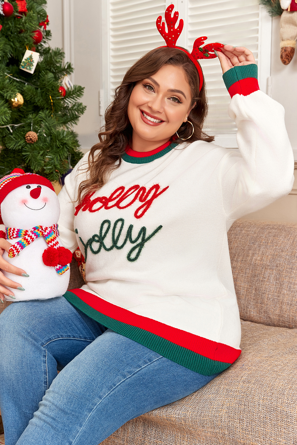 White Tinsel holly jolly Pattern Colorblock Edge Drop Shoulder Plus Size Sweater - loveforevers