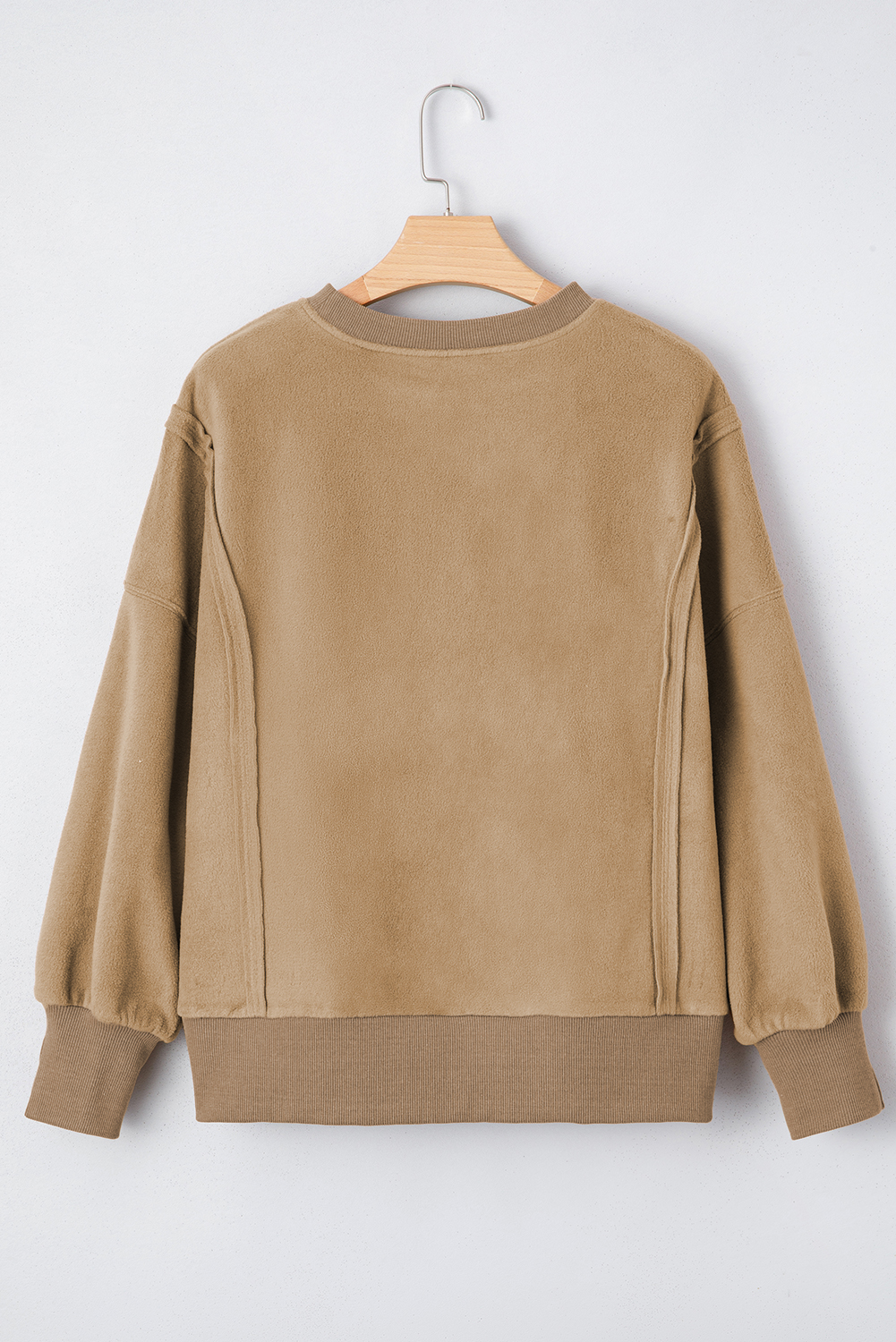 Dark Khaki Fuzzy Sherpa Splicing Pullover Sweatshirt with Side Slit - loveforevers