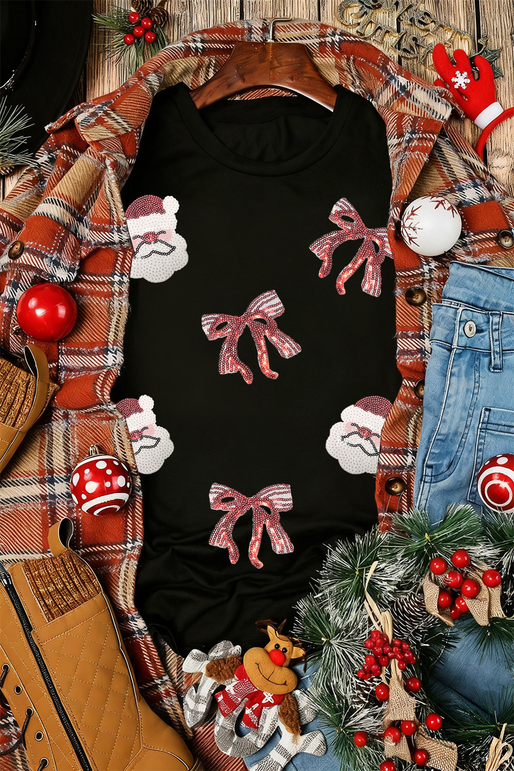 Black Sequined Santa Claus Bow Patched Pattern Christmas Holiday Festive T Shirt - loveforevers