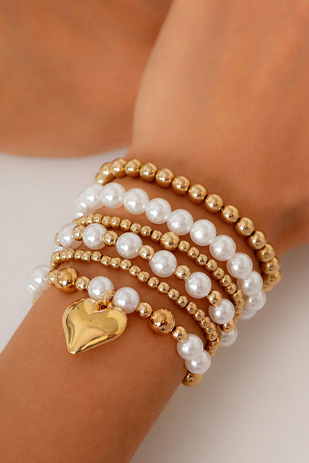 Gold Plated Heart Charm Pearl Beading Multilayer Bracelet - loveforevers