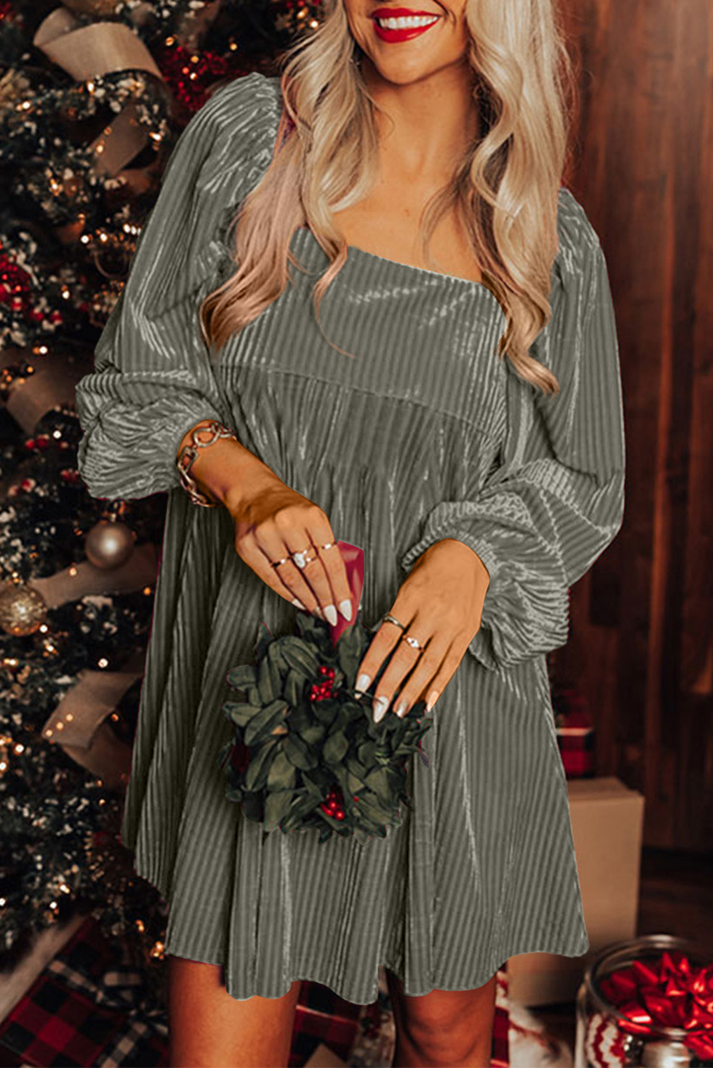 Gray Tie Back Square Neck Velvet Babydoll Dress - loveforevers