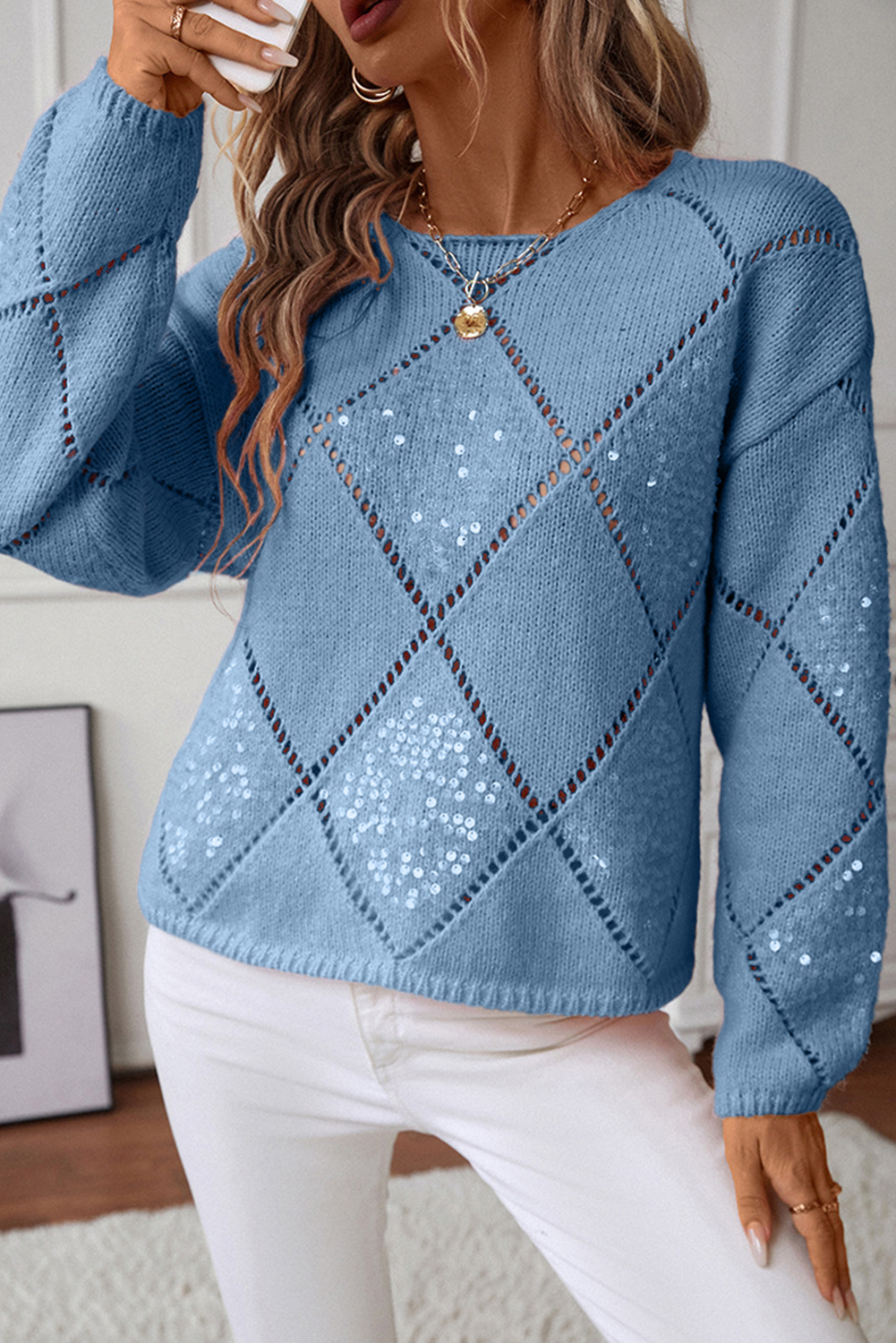 Dusk Blue Hollowed Rhombus Pattern Sequin Detail Round Neck Sweater - loveforevers
