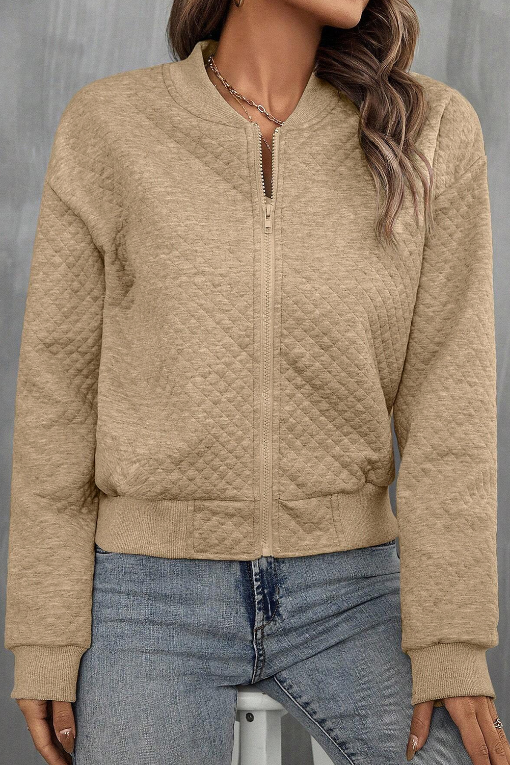 Pale Khaki Solid Geometric Textured Baseball Collar Jacket - loveforevers