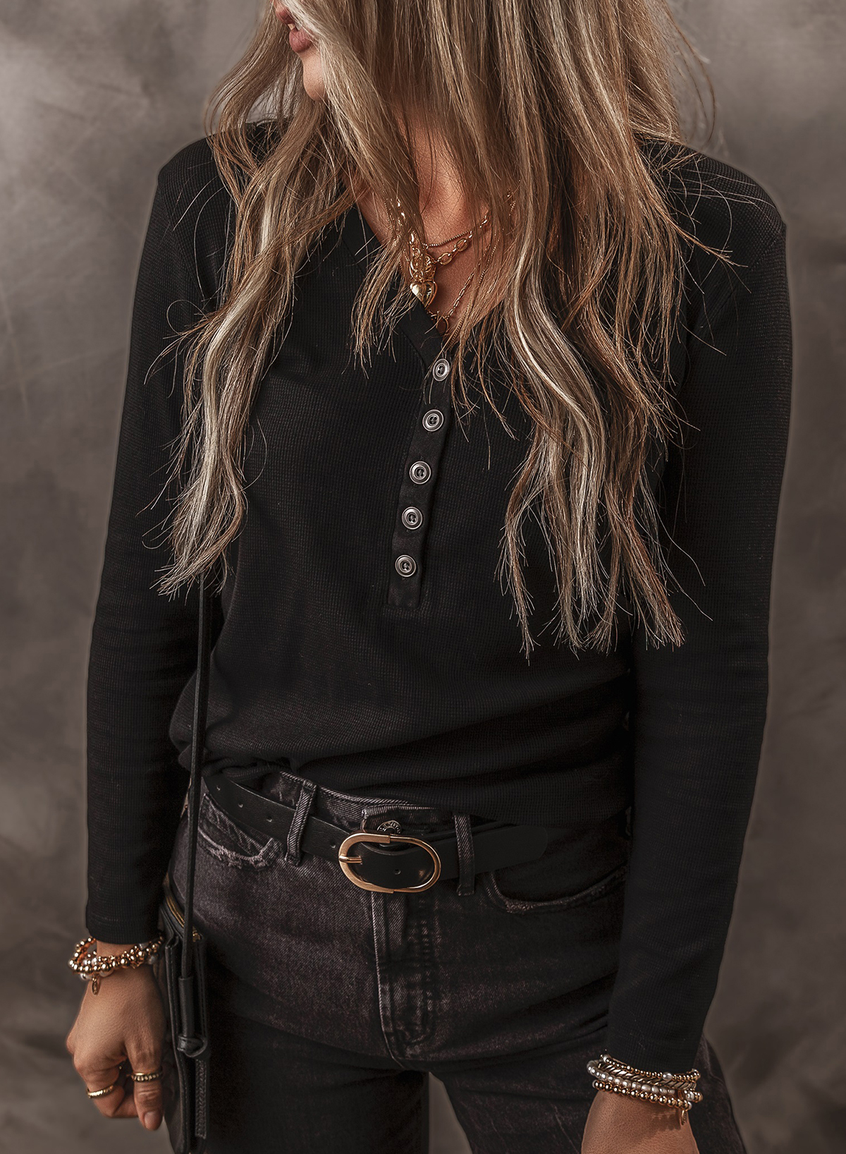 Black Buttoned V Neck Long Sleeve Ribbed Top - loveforevers
