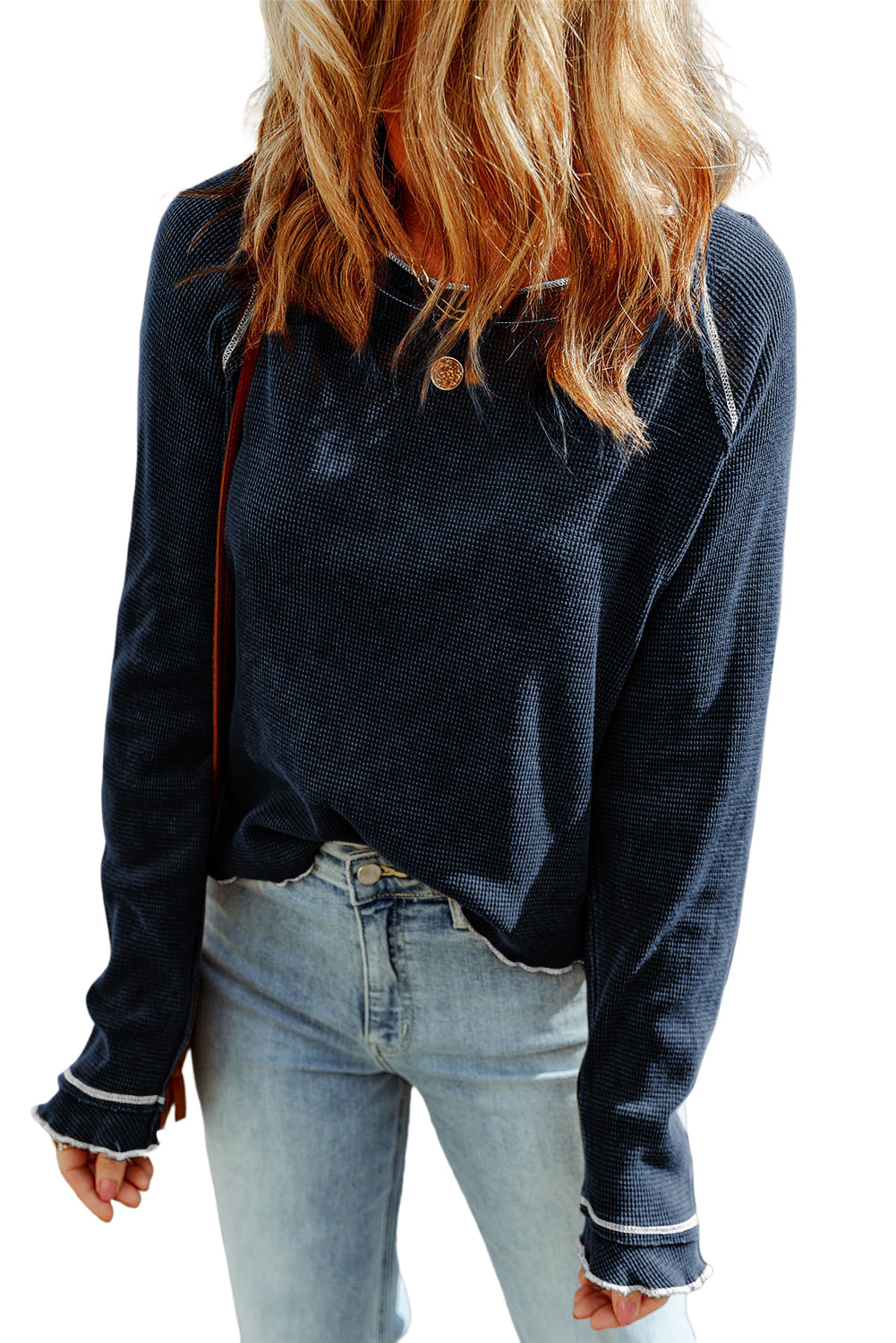 Smoke Gray Textured Round Neck Long Sleeve Top - loveforevers