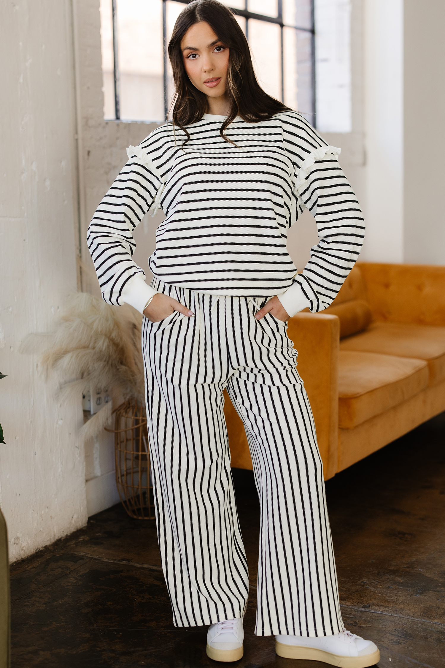 White Stripe Ruffle Trim Drop Shoulder Top Drawstring Loose Pant Set - loveforevers