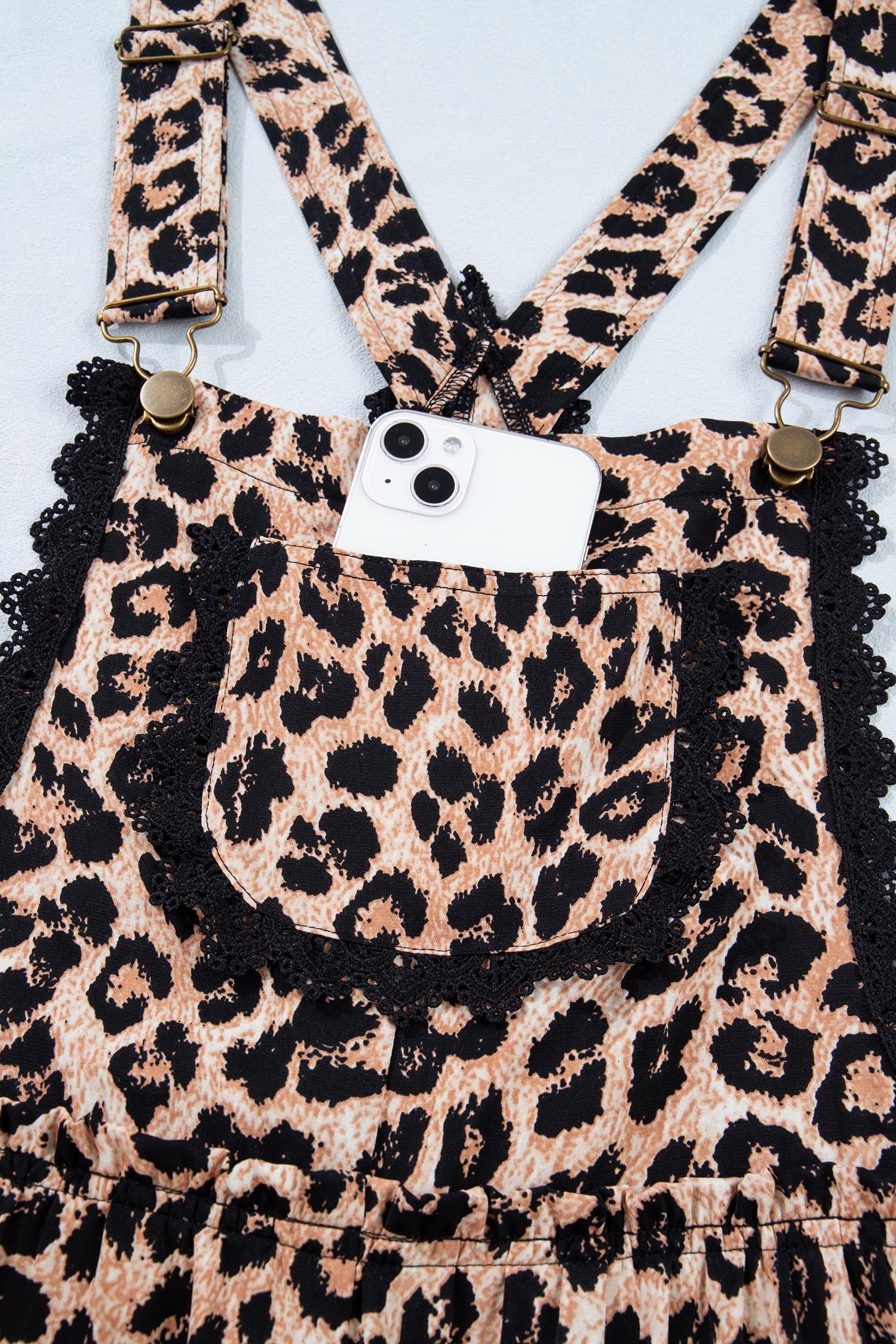 Khaki Cheetah Printed Contrast Lace Detail Ruffled Wide Leg Jumpsuit - loveforevers
