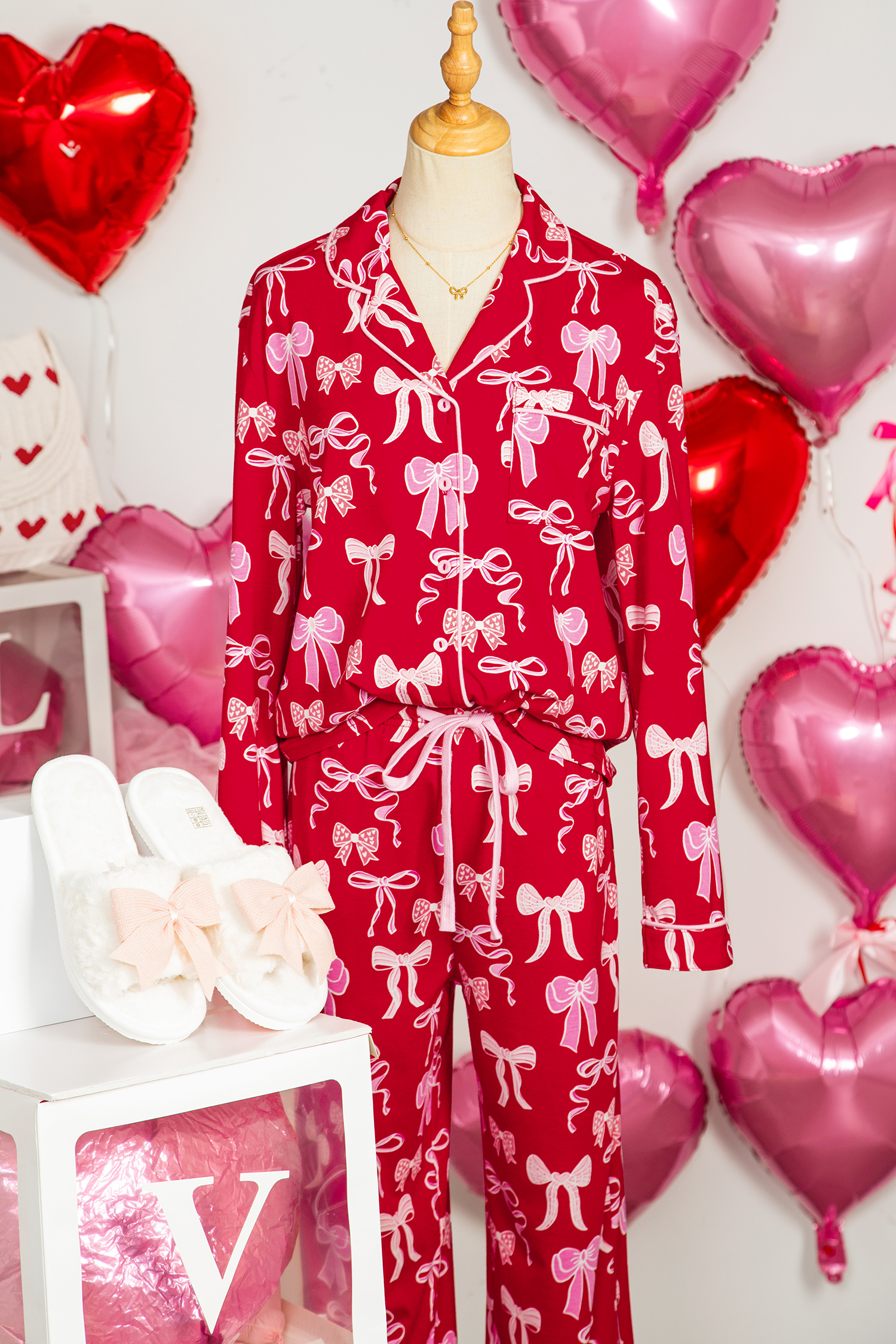 Red Sweet Bow Print Shirt Style Top Long 2pcs Pajama Set - loveforevers