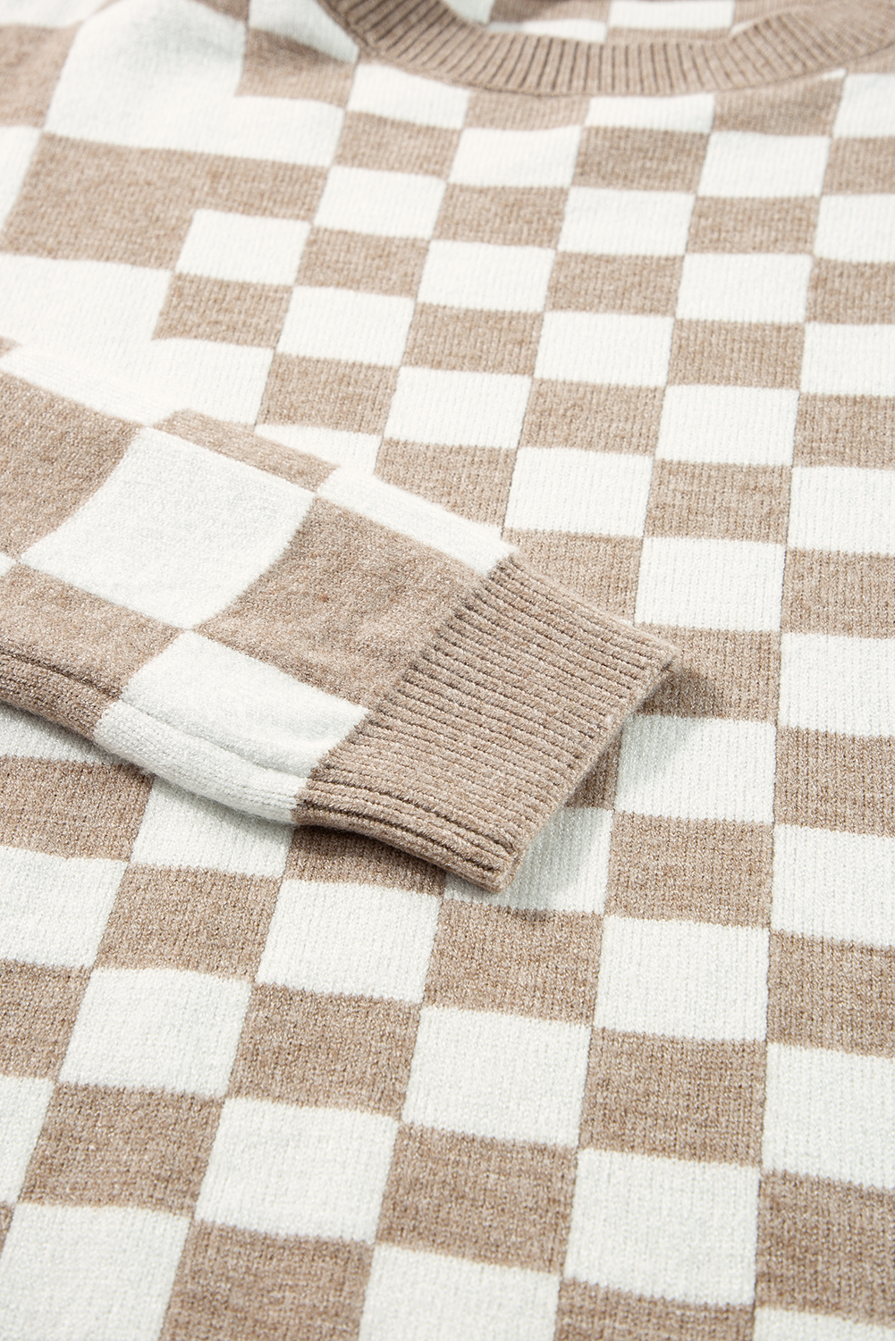 Khaki Checkered Print Drop Shoulder Round Neck Sweater - loveforevers